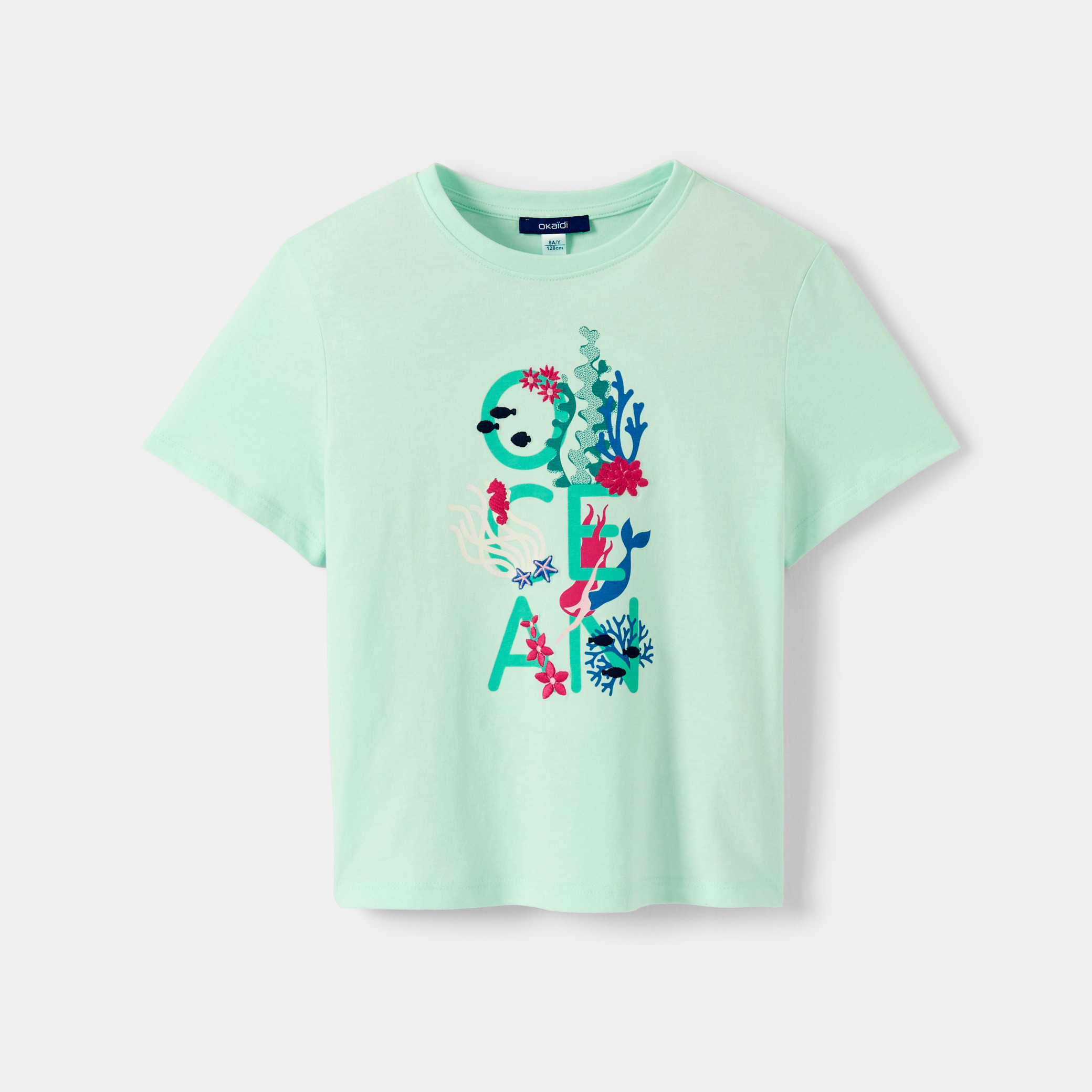 T-shirt océan blanc fille - Vert aqua