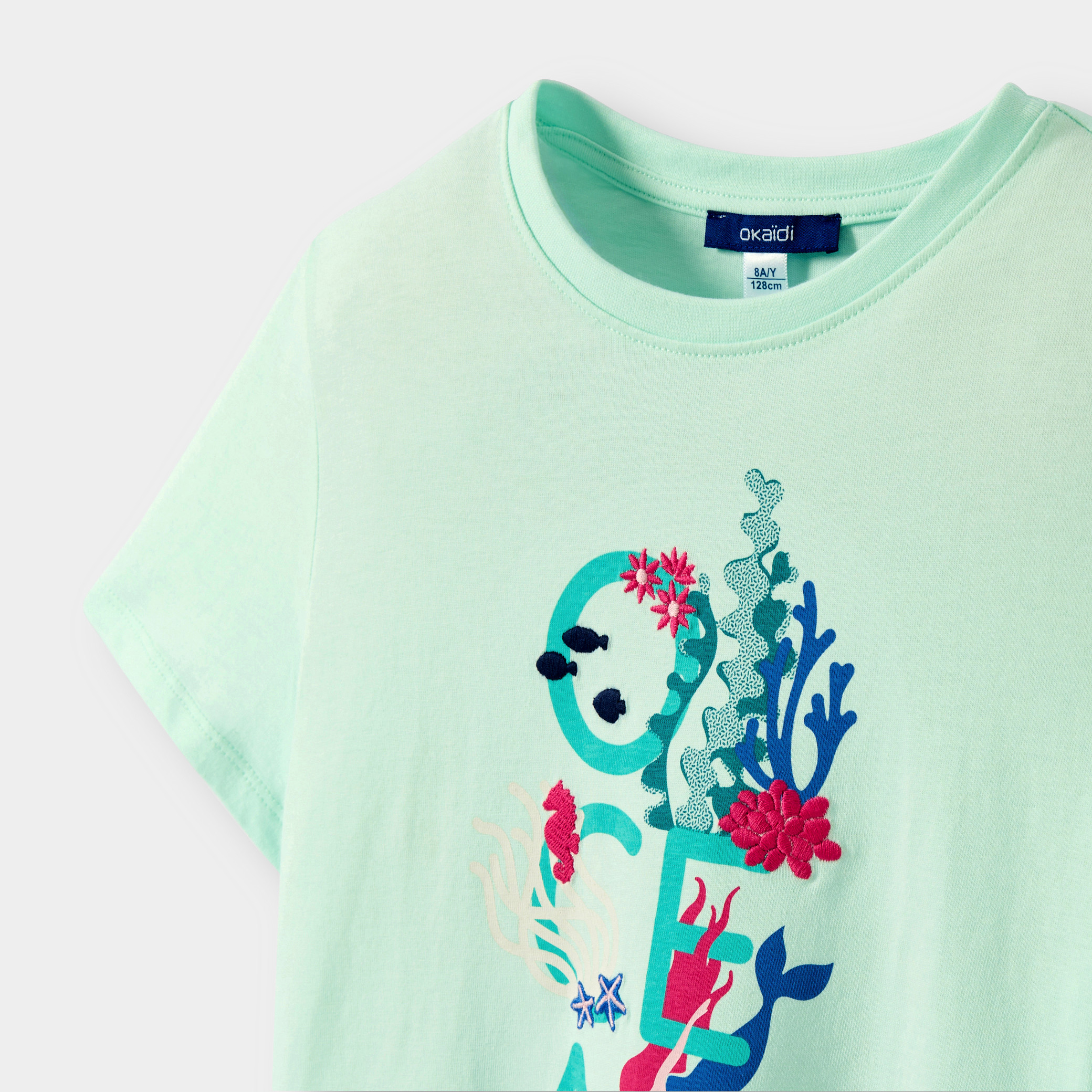T-shirt océan blanc fille - Vert aqua