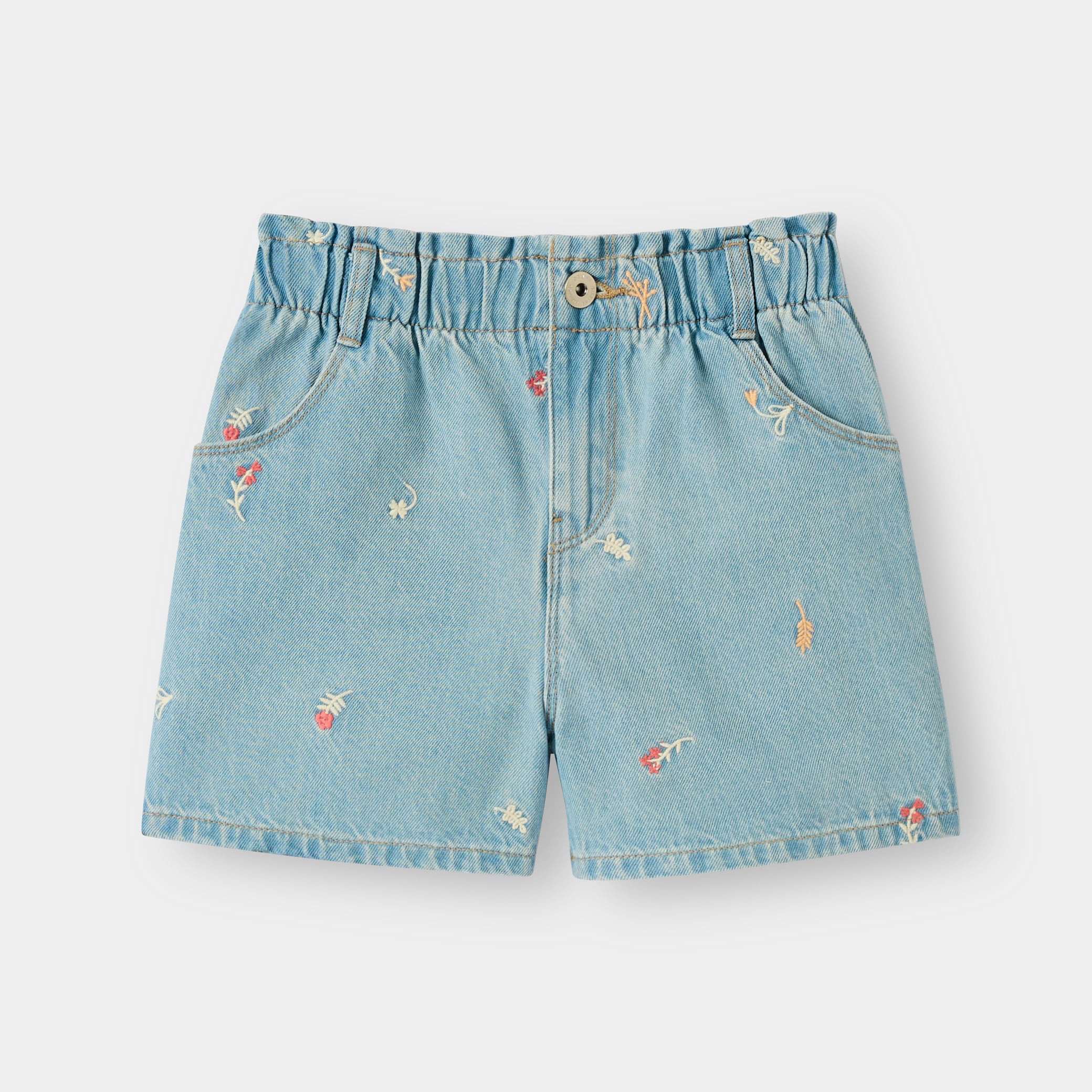 Short en jean brodé bleu clair fille - Denim bleu