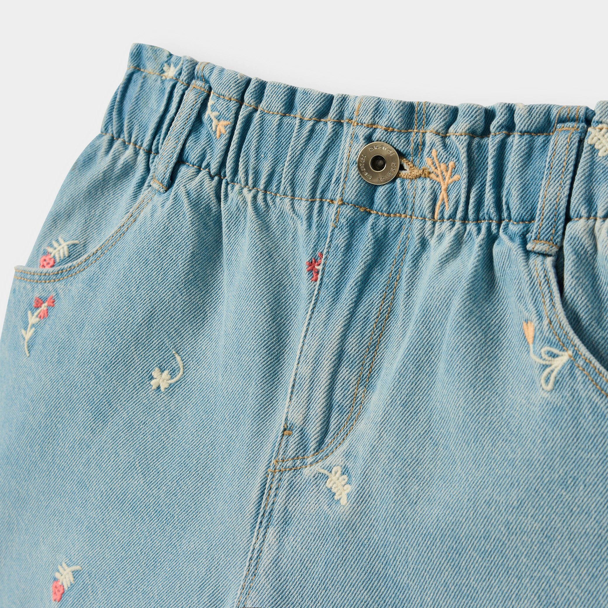 Short en jean brodé bleu clair fille - Denim bleu