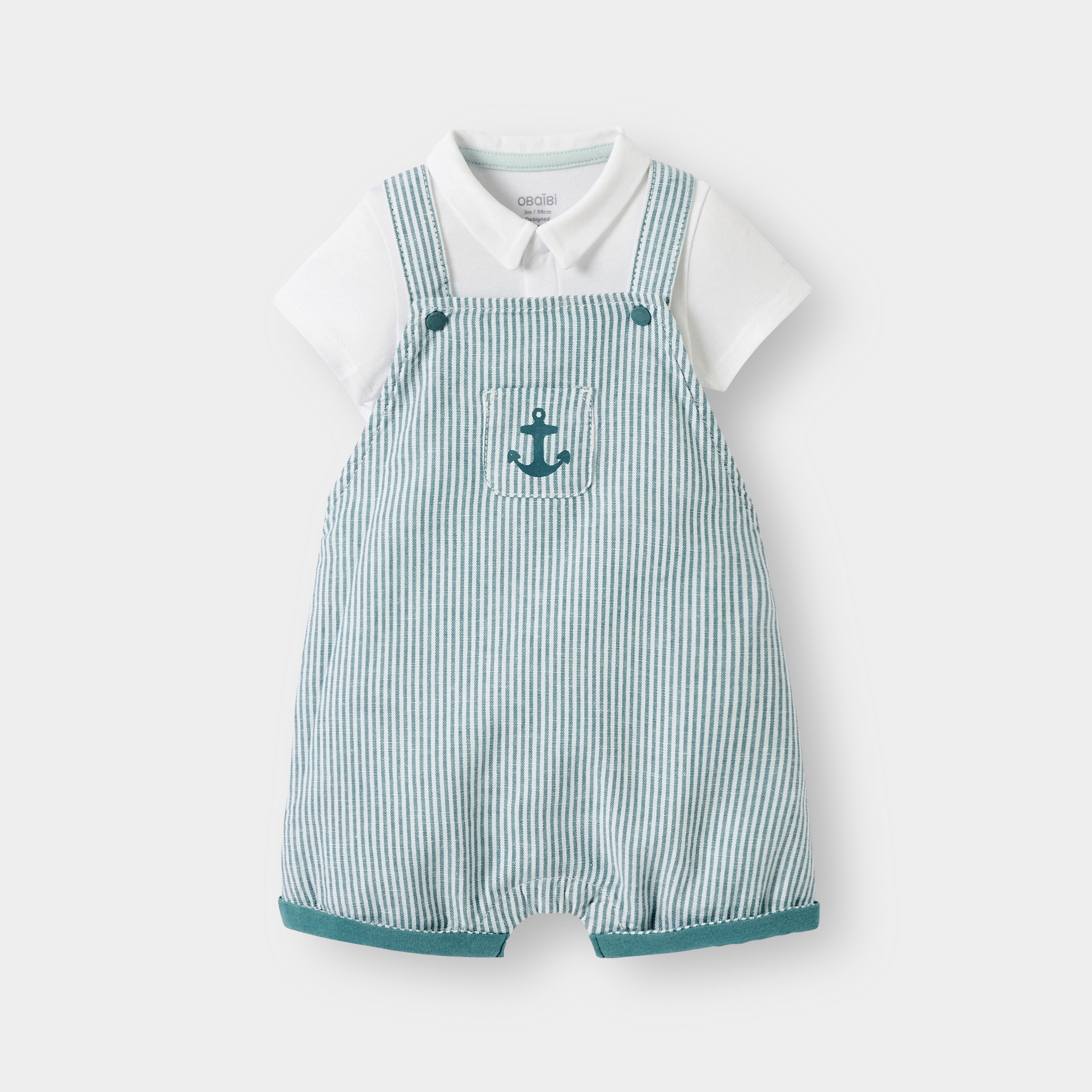 Salopette courte et body vert bébé garçon - Rayures bleu