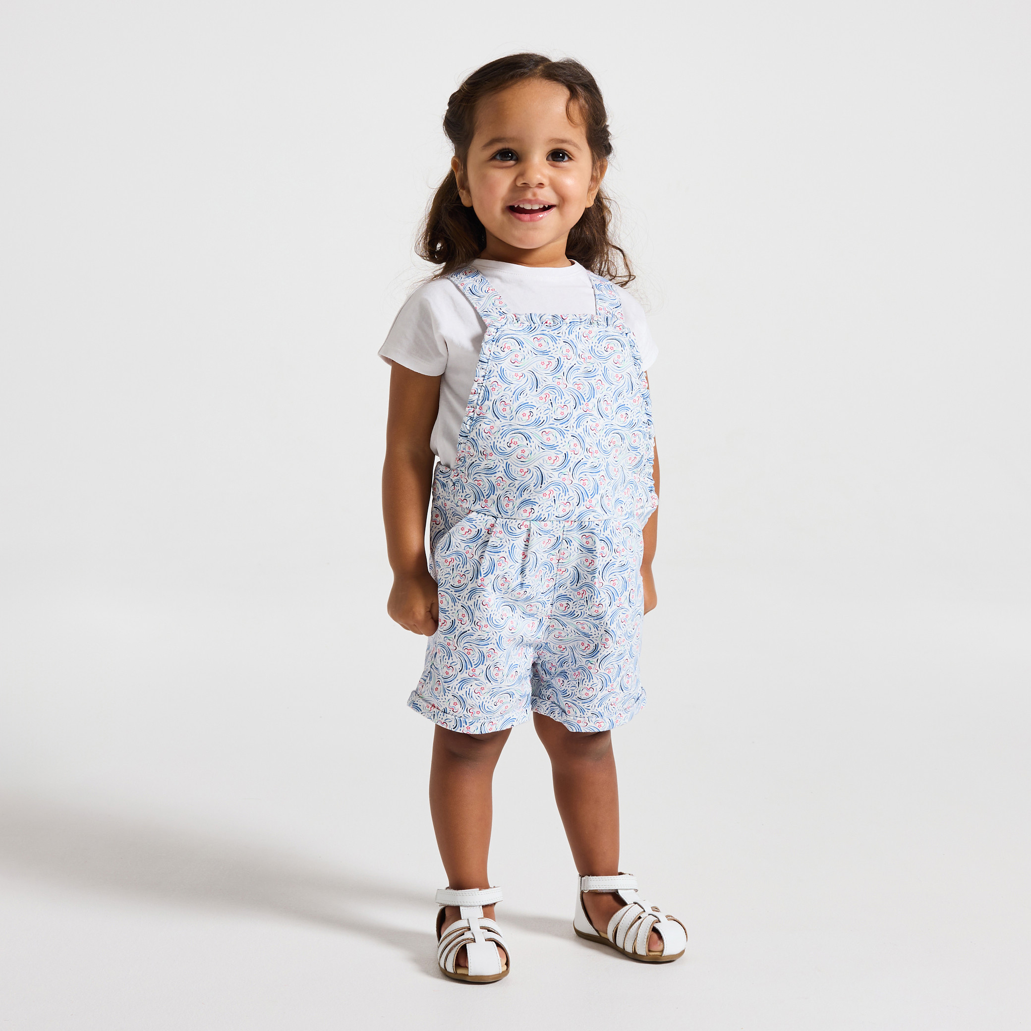 Salopette courte et t-shirt bleu bébé fille - Imprimé bleu