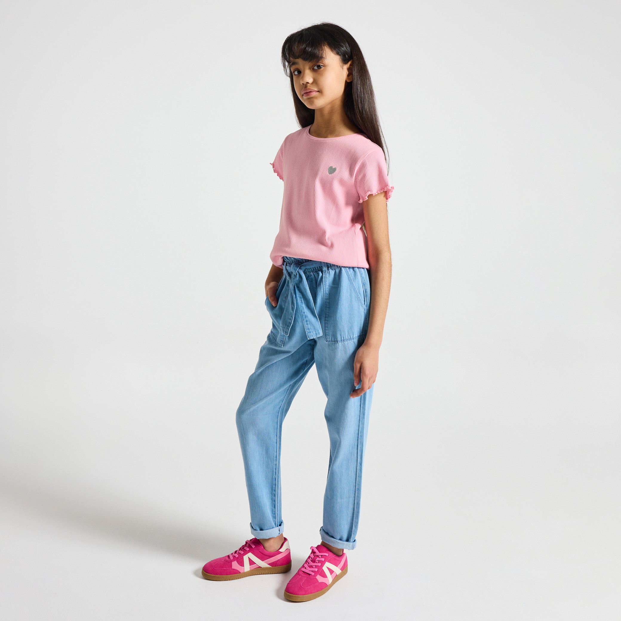 T-shirt maille côtelée rose fille - Rose malabar