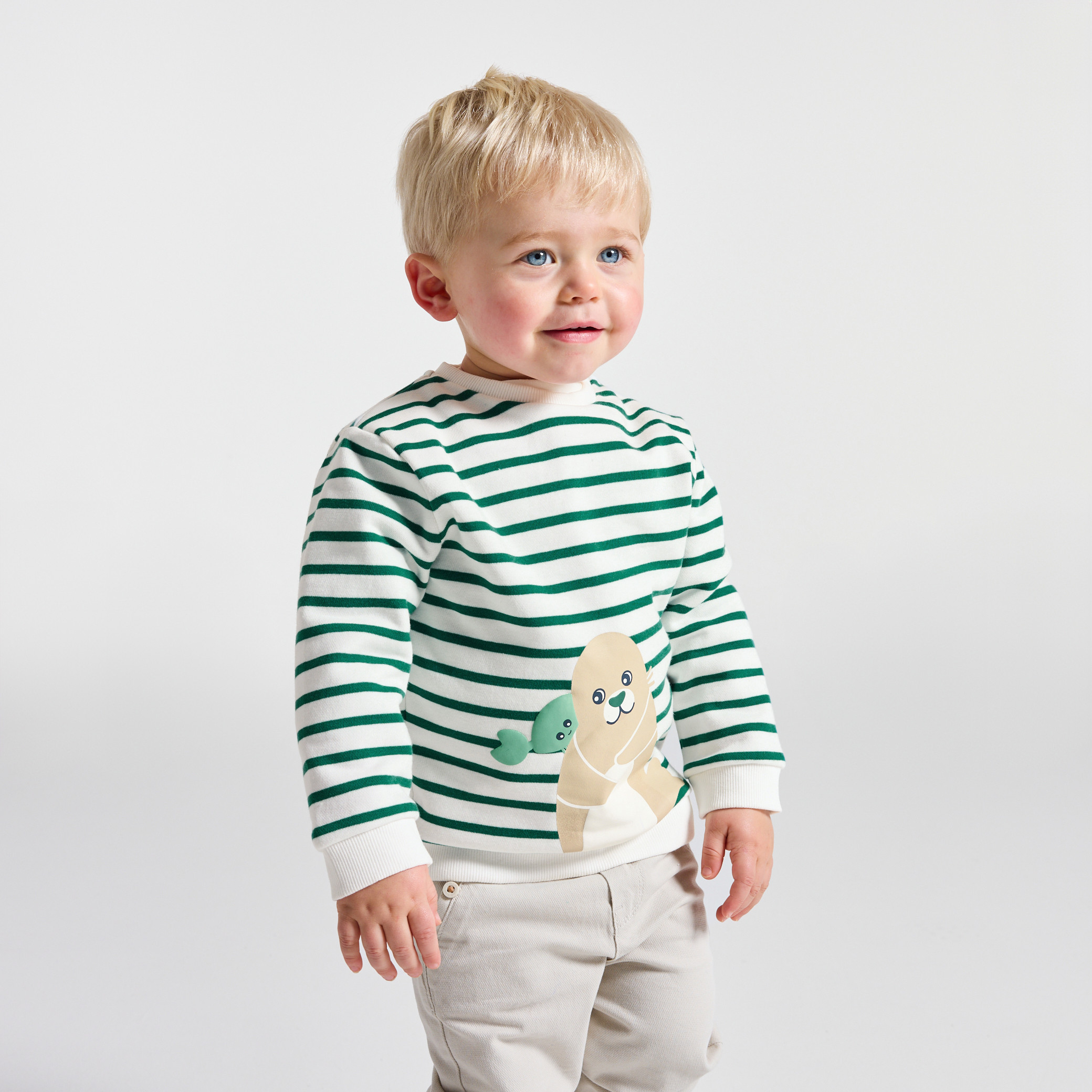 Sweat rayé vert motif animalier bébé garçon - Vert herbe
