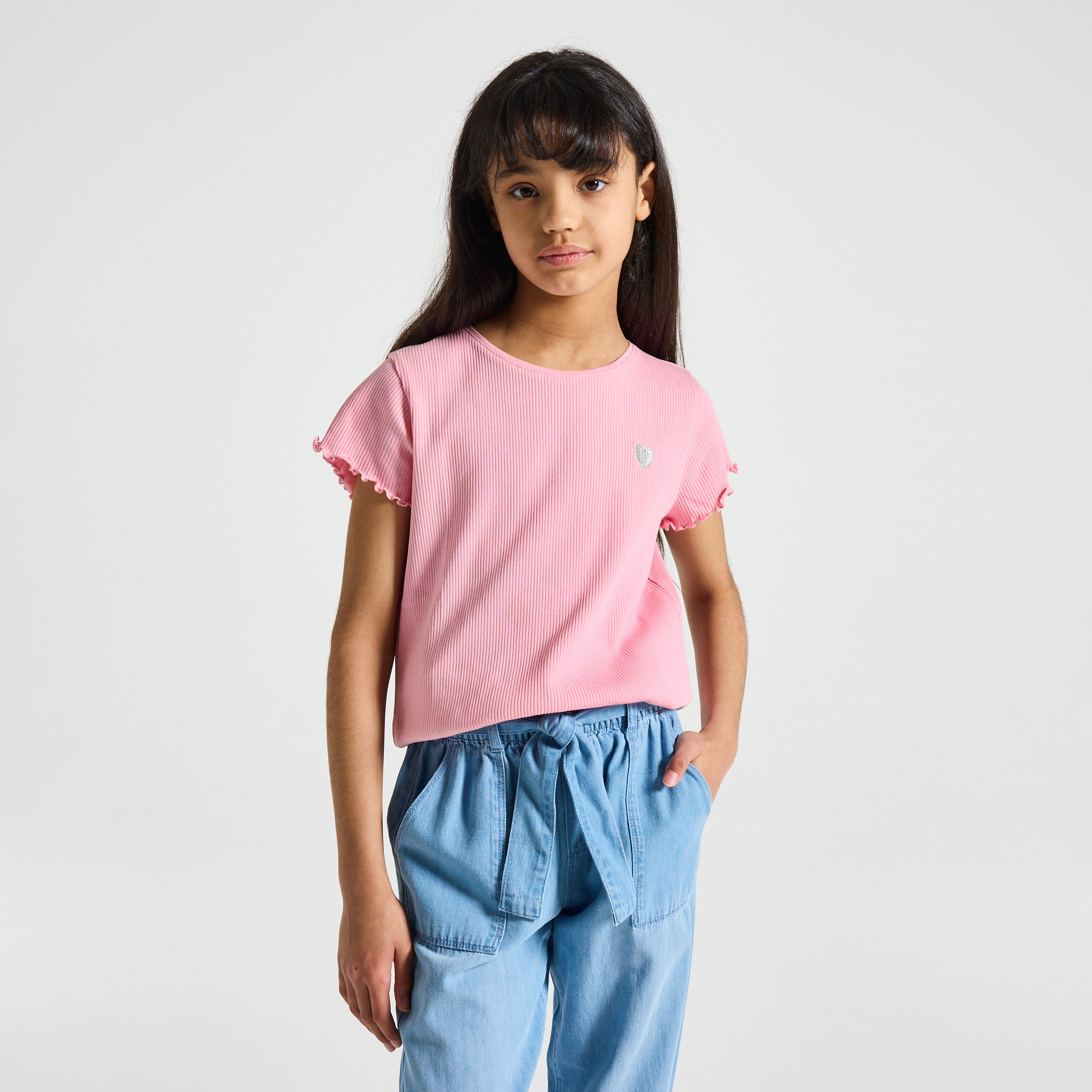 T-shirt maille côtelée rose fille - Rose malabar