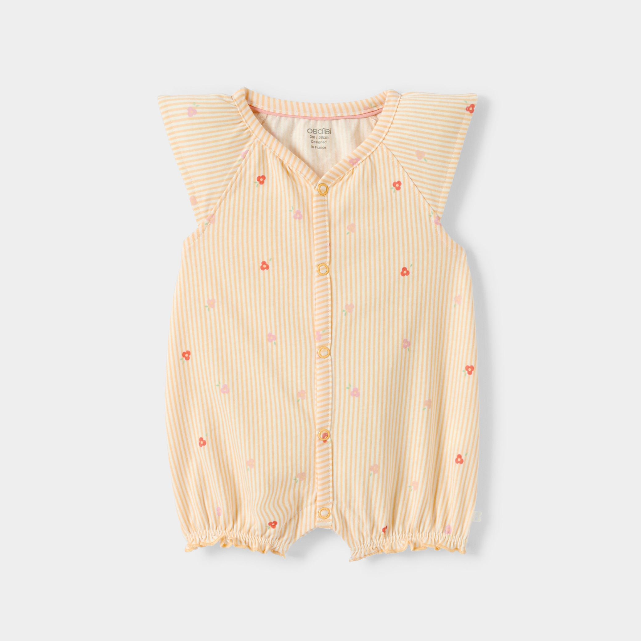 Barboteuse rayée fleurie bébé fille jaune - Rayures rose