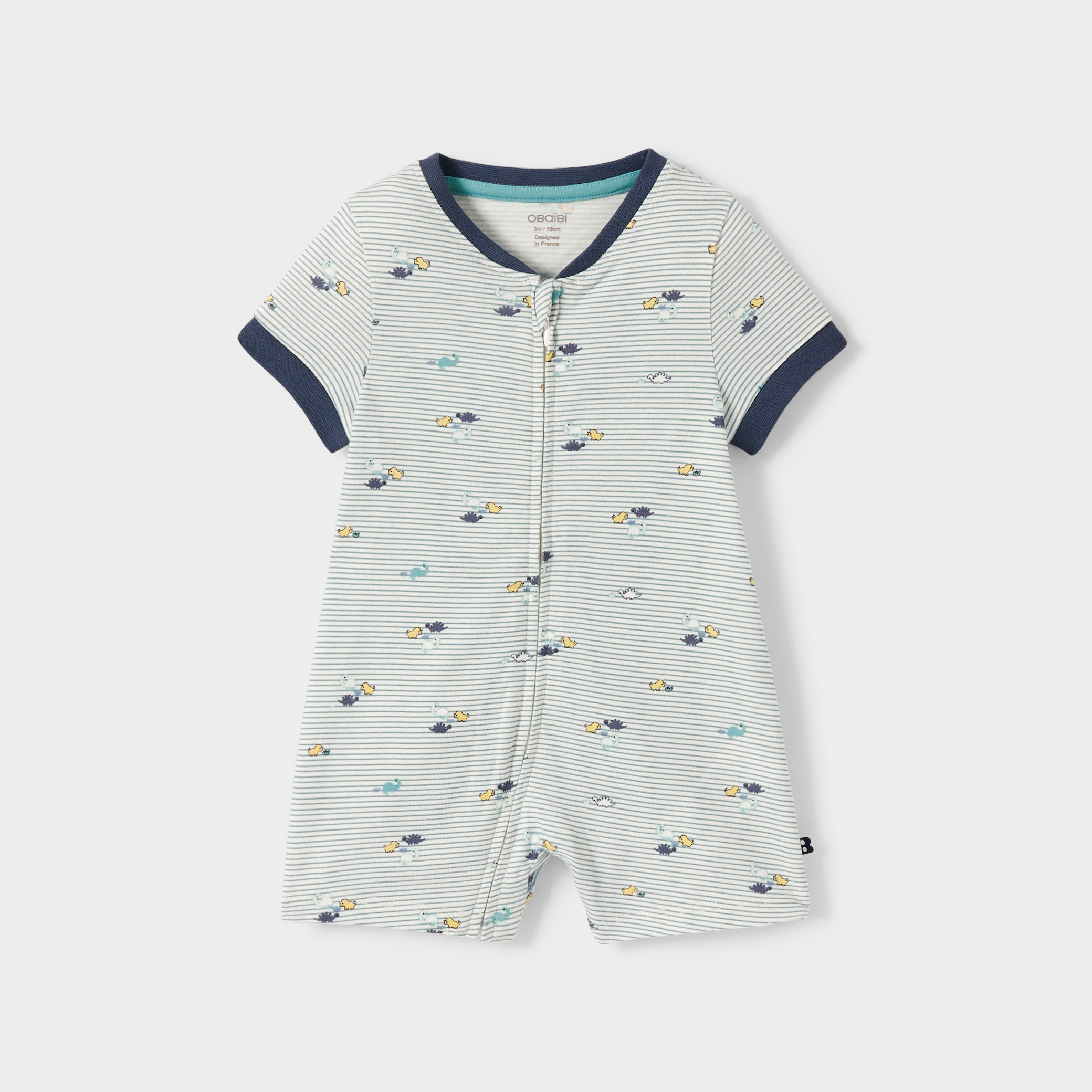 Combi courte rayée dinosaures bébé garçon bleue - Rayures bleu
