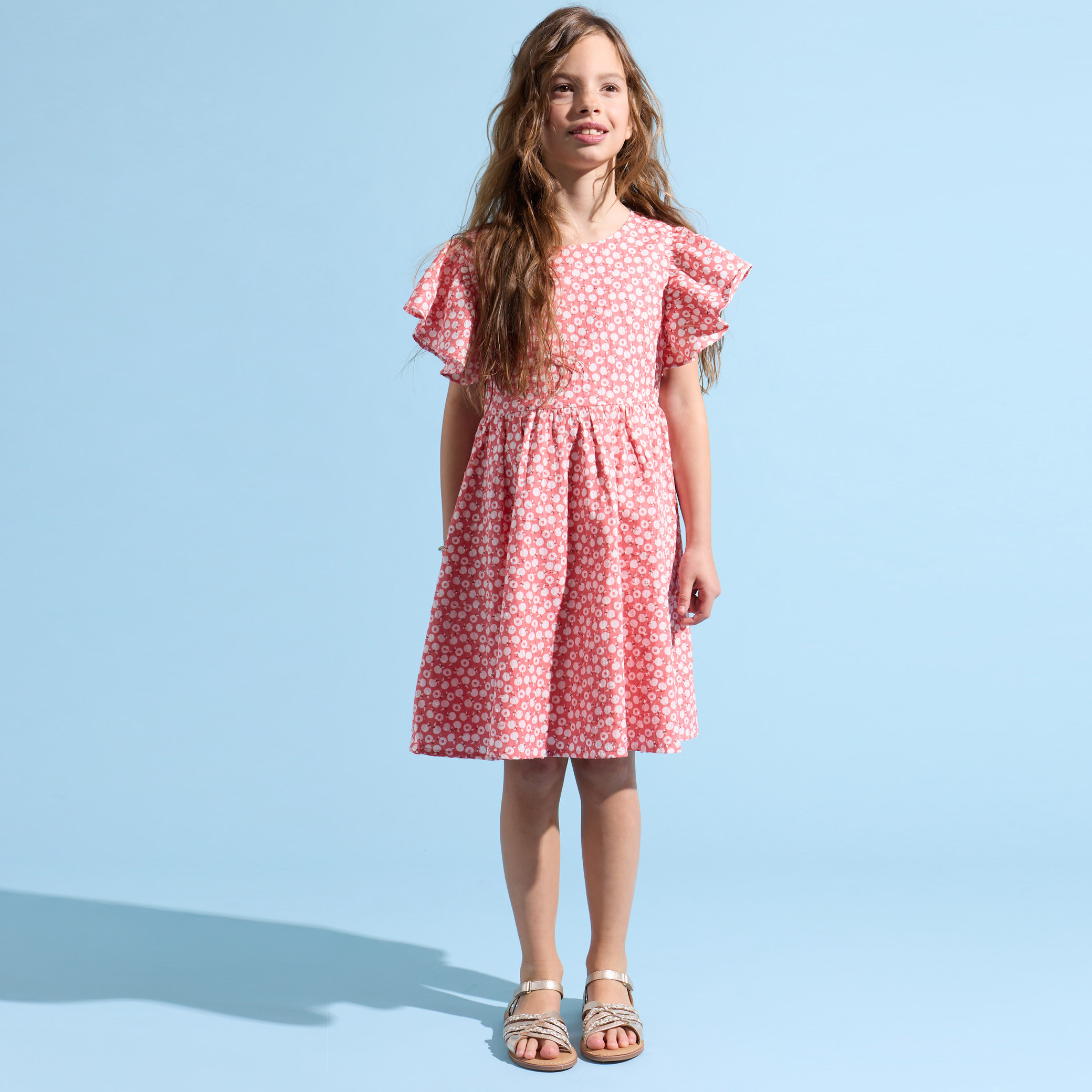 Robe rose imprimé fleurs fille - Rose Oeillet