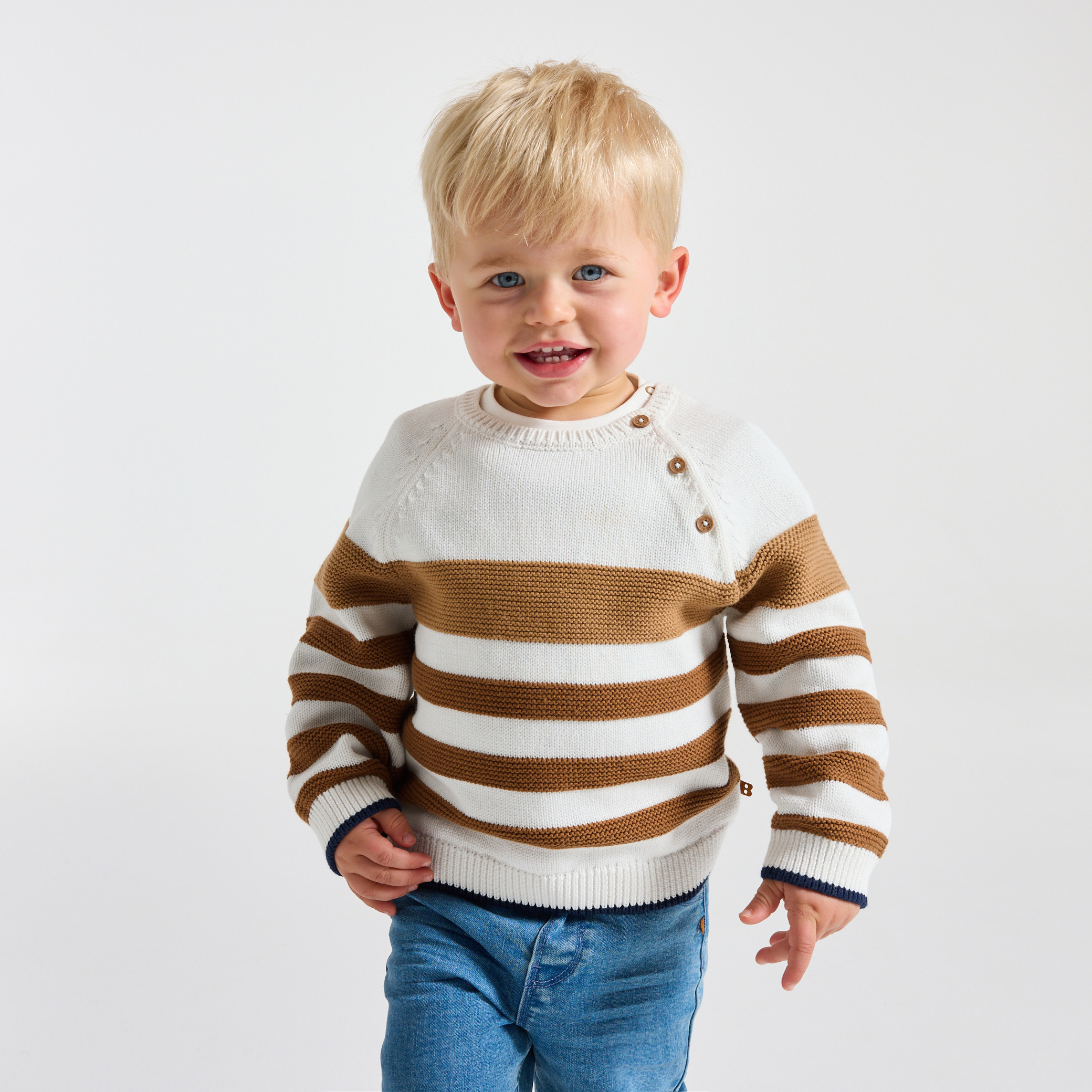 Pull maille tricot rayé vert bébé garçon - Rayures marron