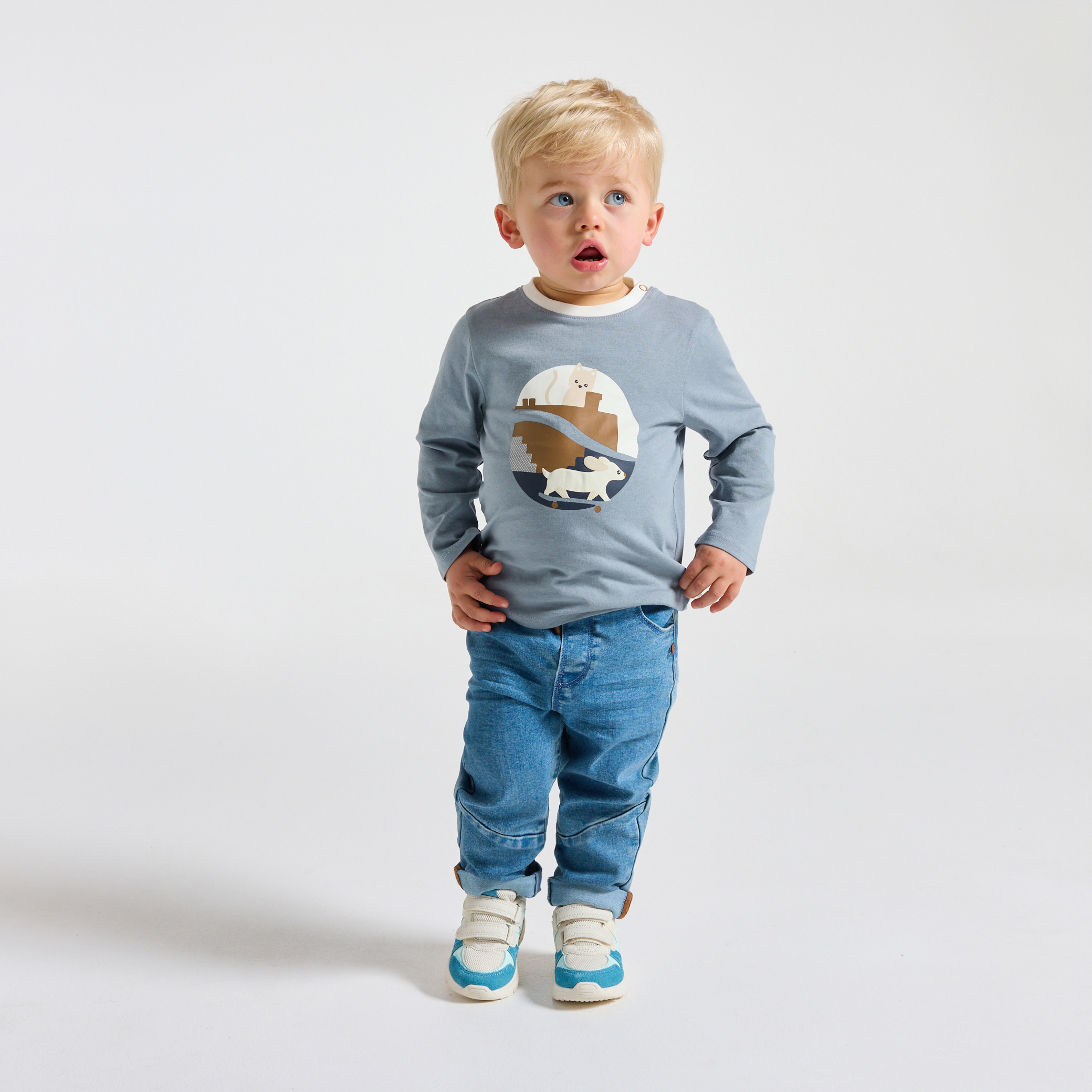 T-shirt blanc manches longues motif animal bébé garçon - Bleu horizon
