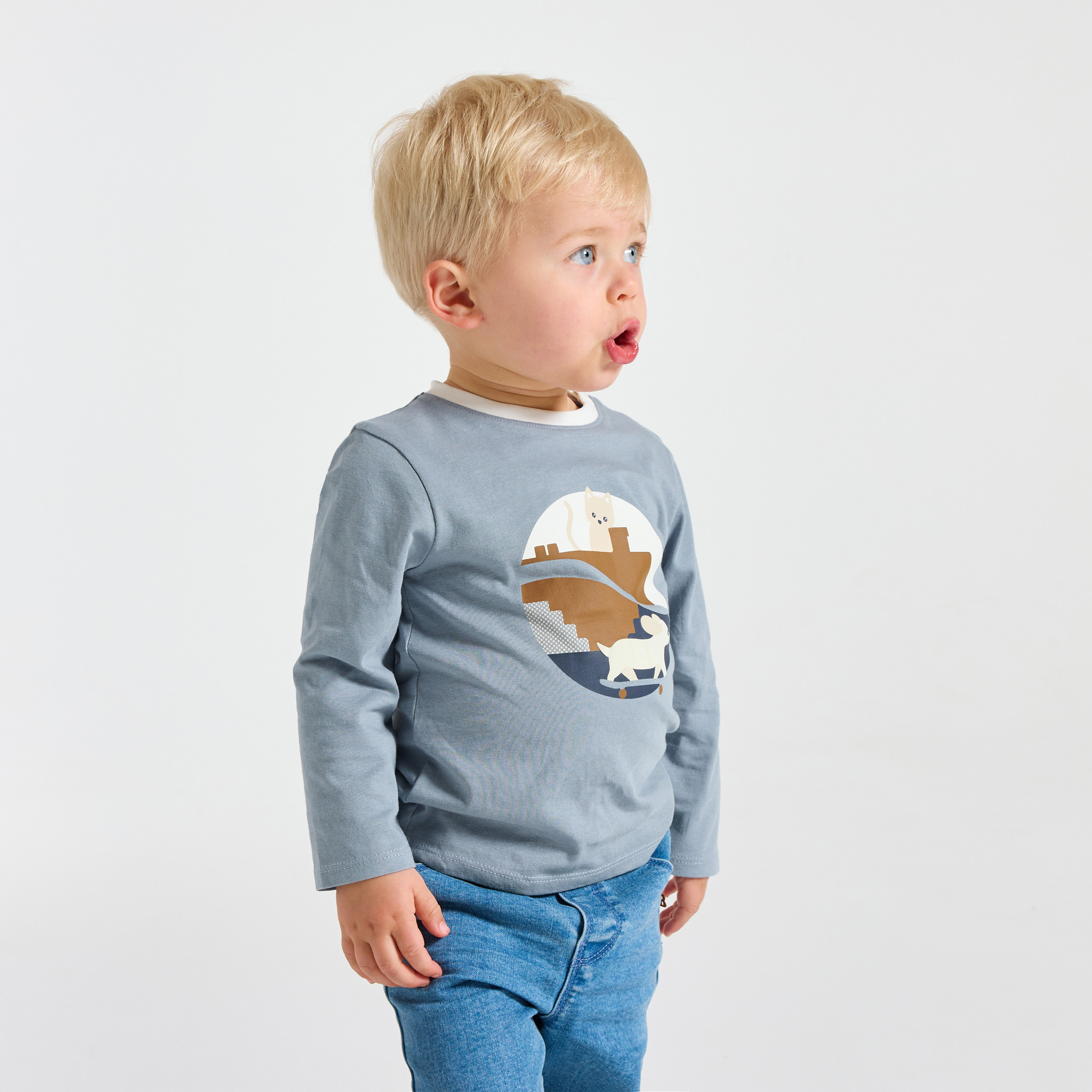 T-shirt blanc manches longues motif animal bébé garçon - Bleu horizon