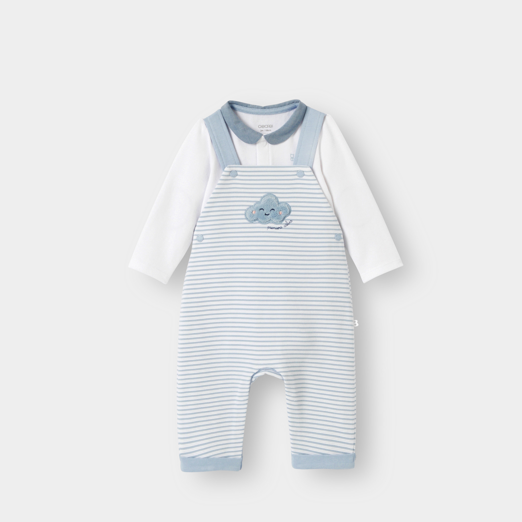 Salopette rayée et body blanc bébé garçon - Bleu ciel