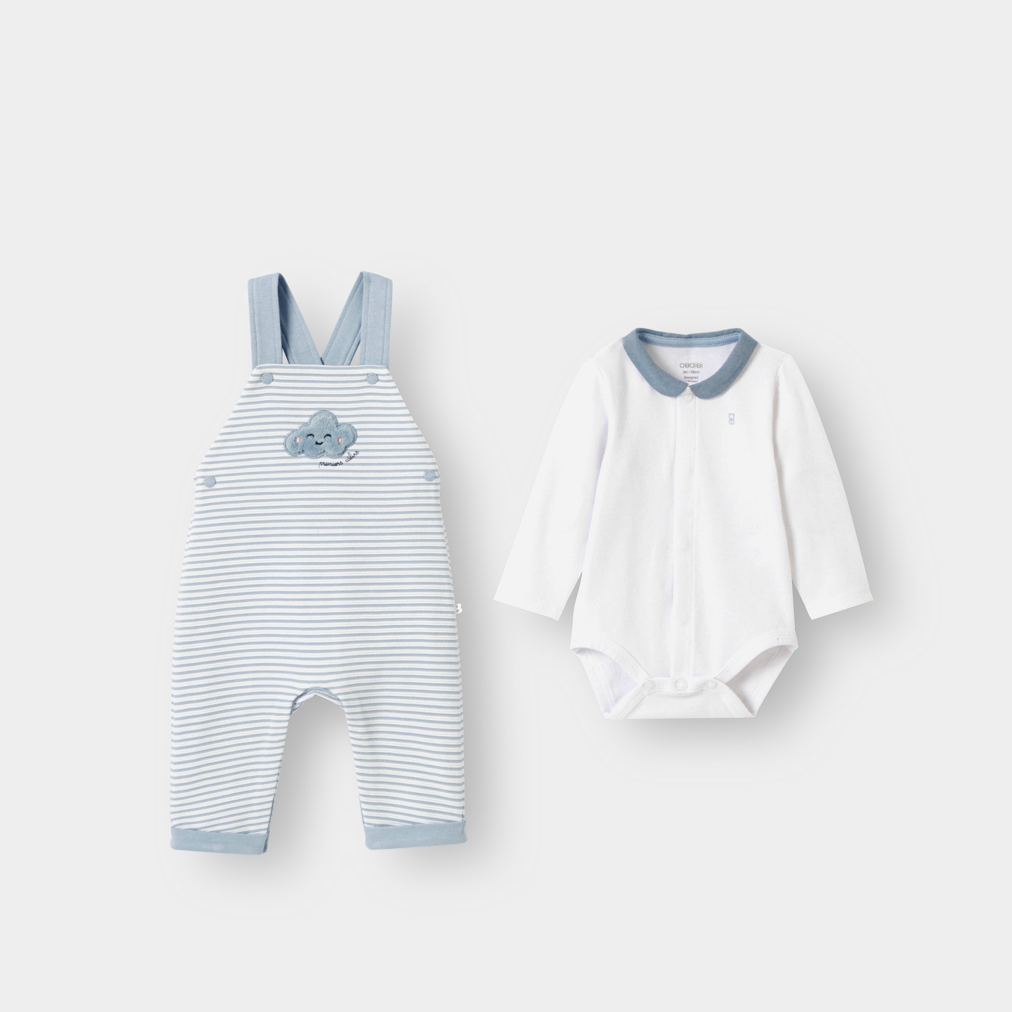 Salopette rayée et body blanc bébé garçon - Bleu ciel