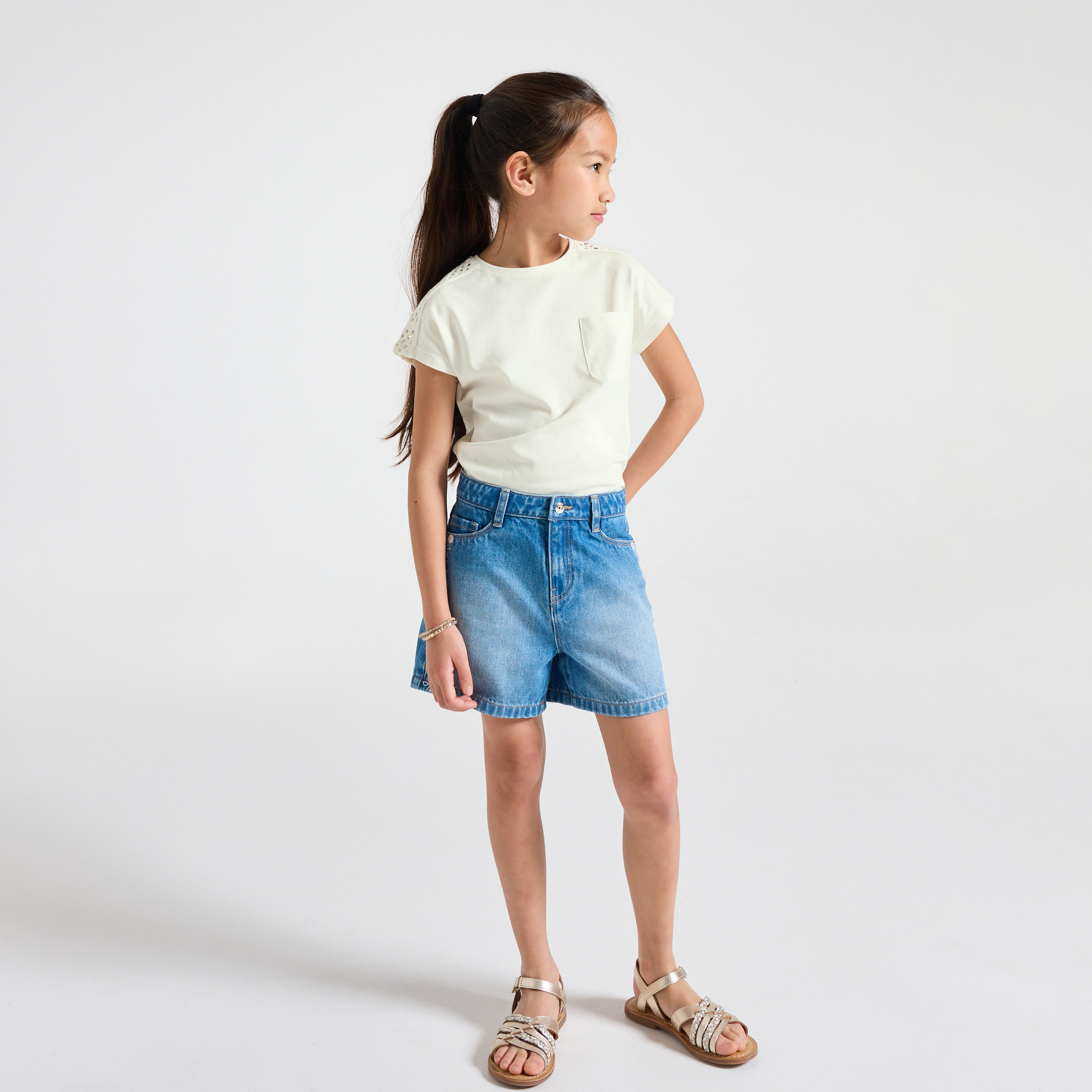 T-shirt dentelle rose fille - Blanc écru