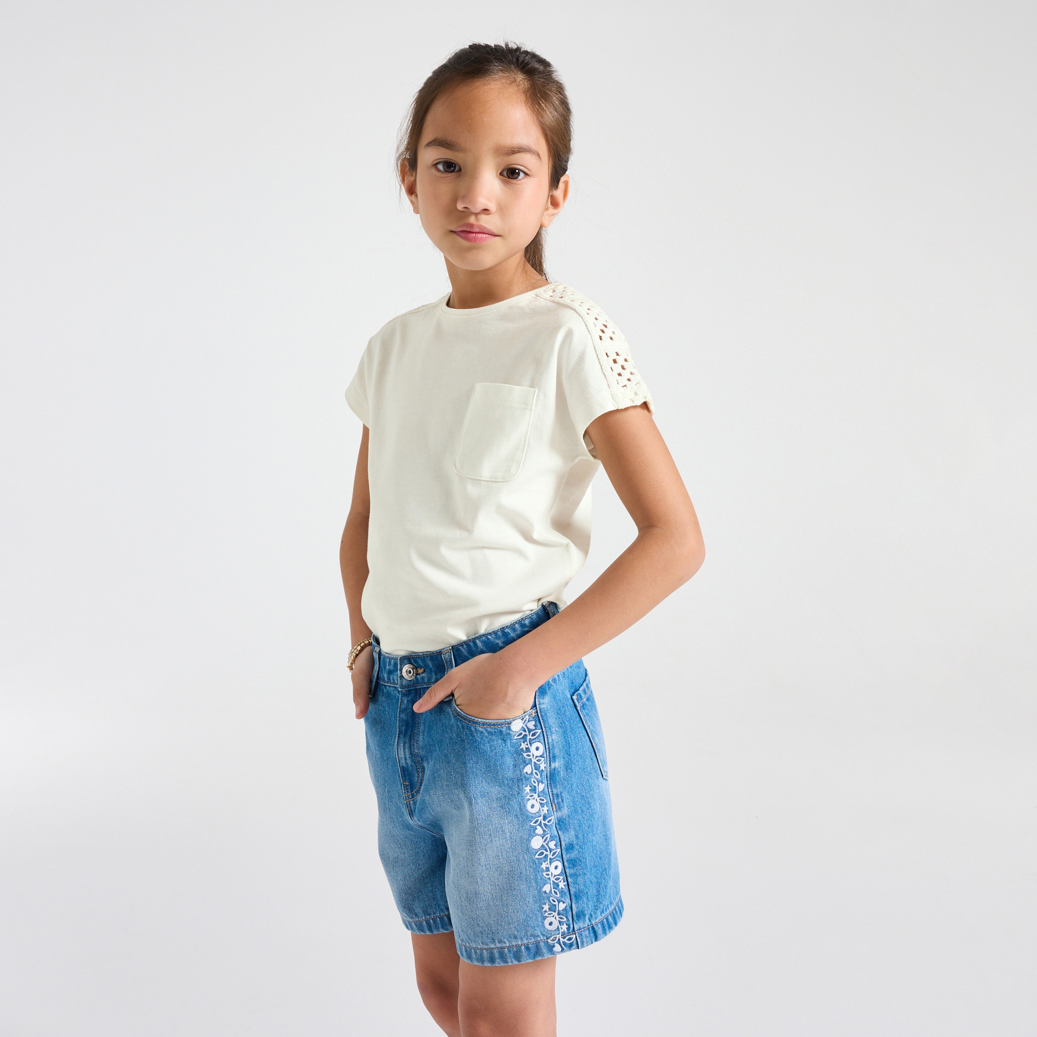 T-shirt dentelle rose fille - Blanc écru