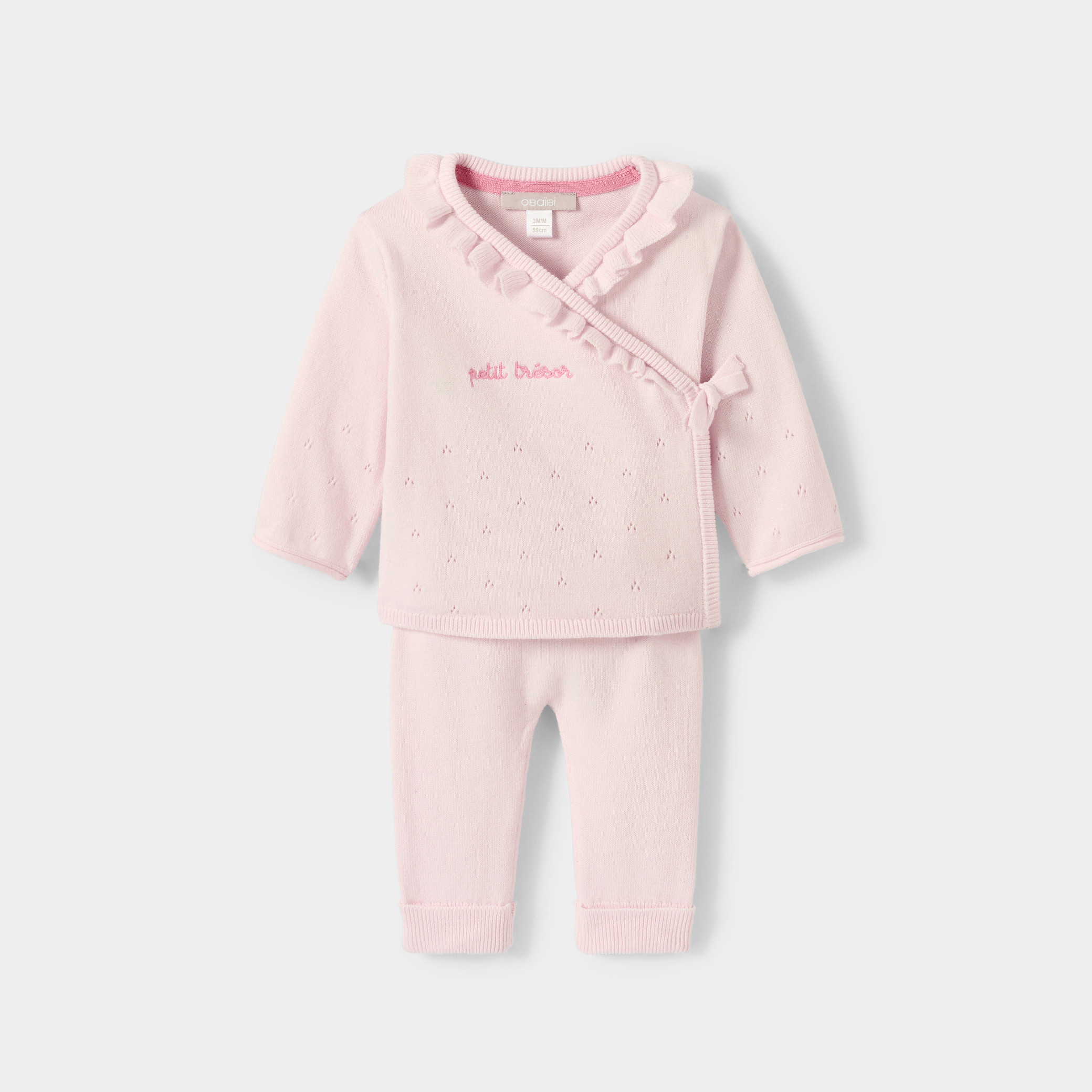 Pull et pantalon maille tricot rose bébé fille - Rose poudre