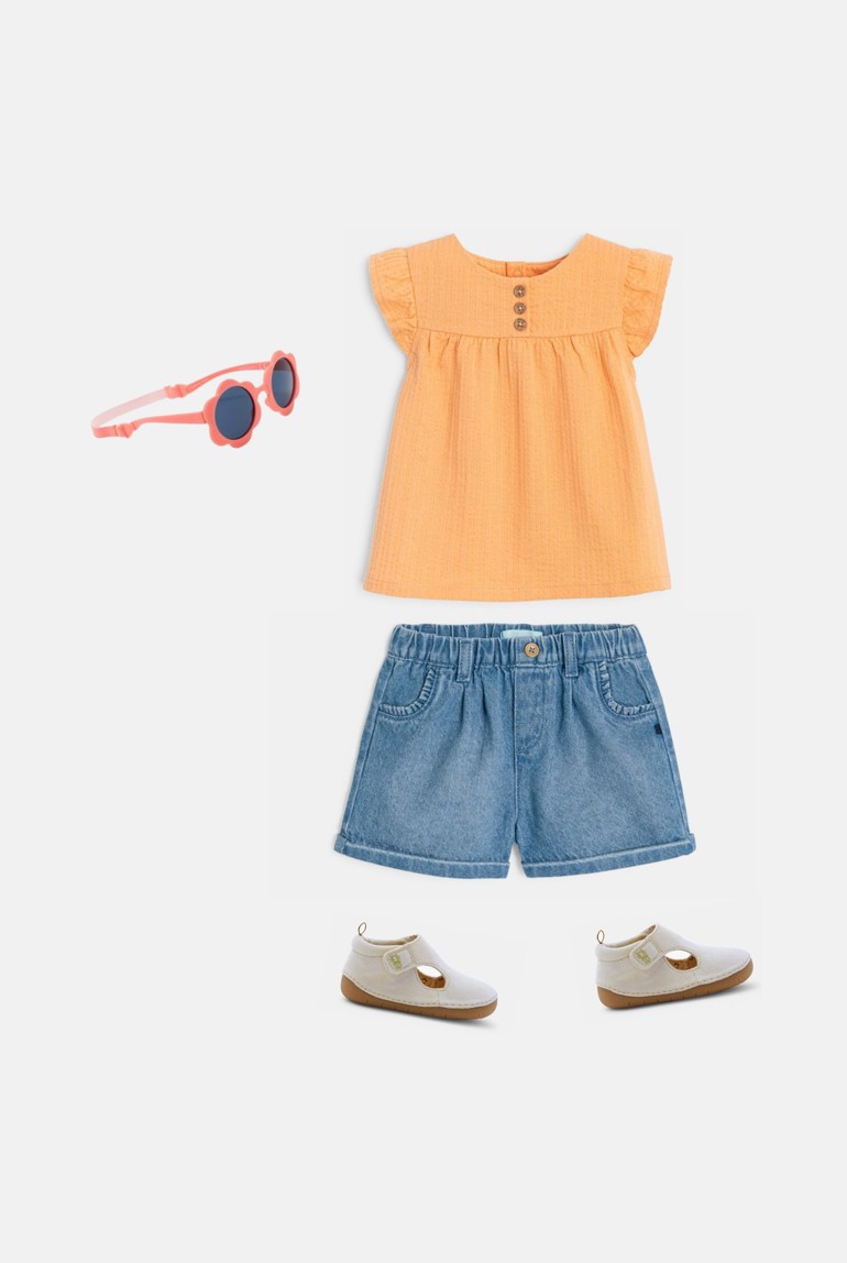 Blouse coton seersucker rose bébé fille - Orange Clair