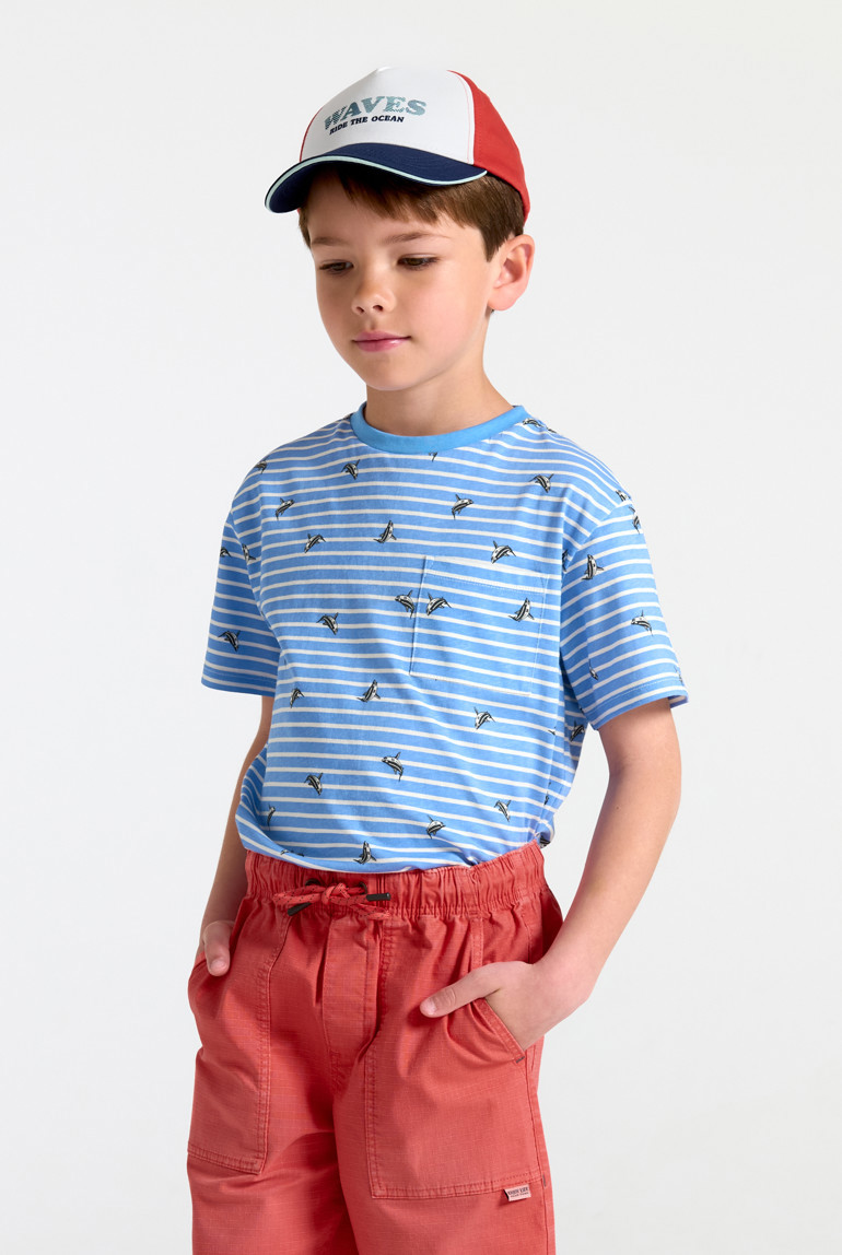 T-shirt rouge à rayures manches courtes garçon - Rayures bleu