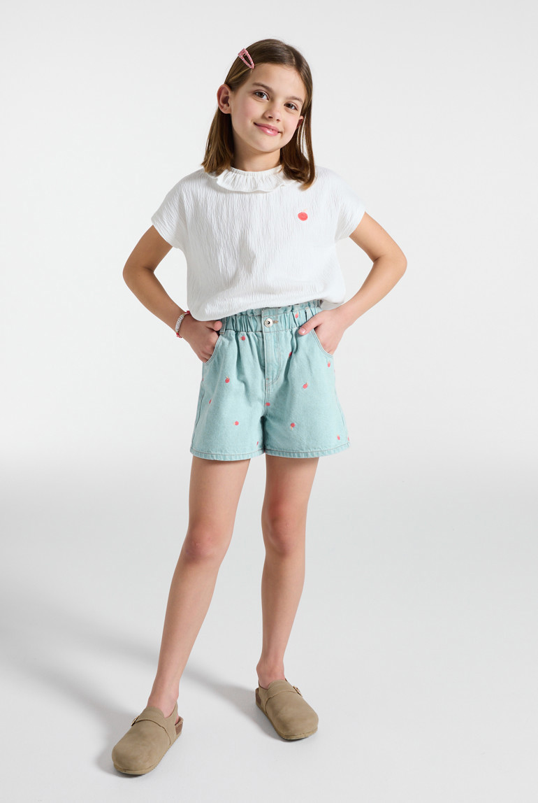 Short en jean brodé bleu clair fille - Denim Bleached Blue