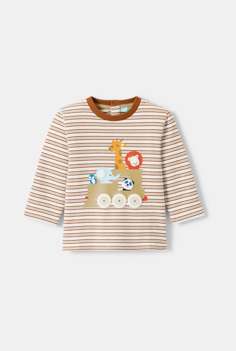 T-shirt rayé animaux marron bébé garçon - Rayures beige
