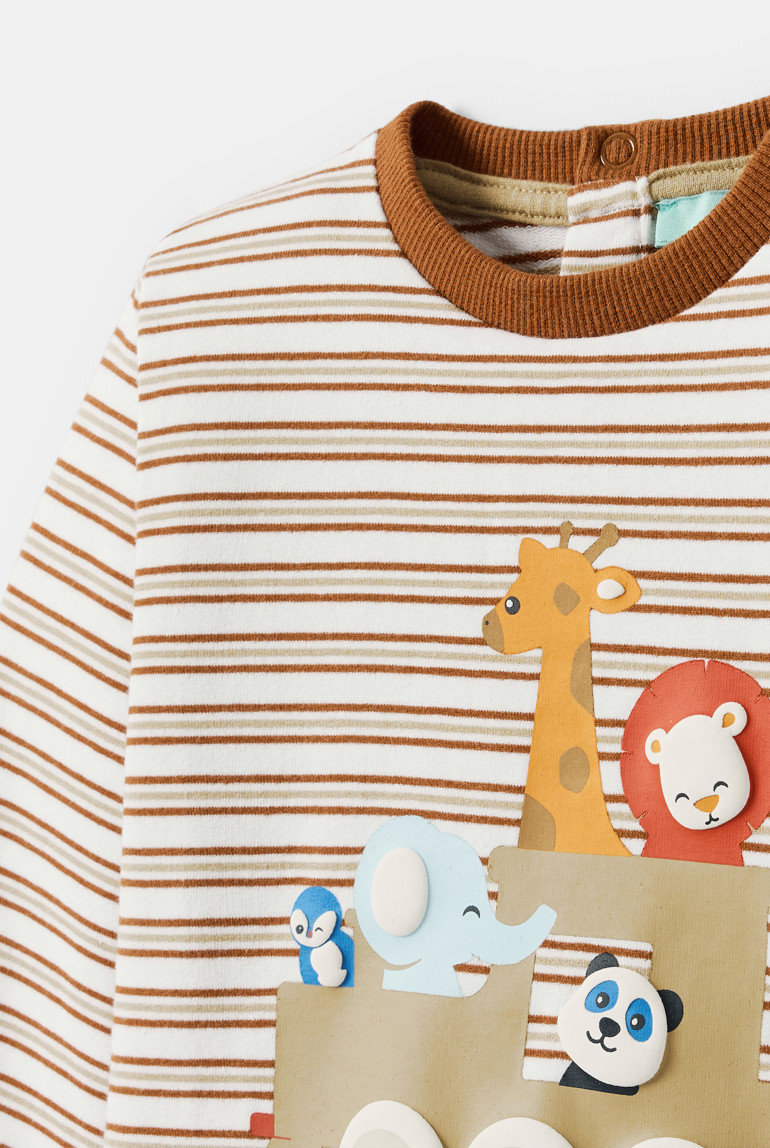 T-shirt rayé animaux marron bébé garçon - Rayures beige
