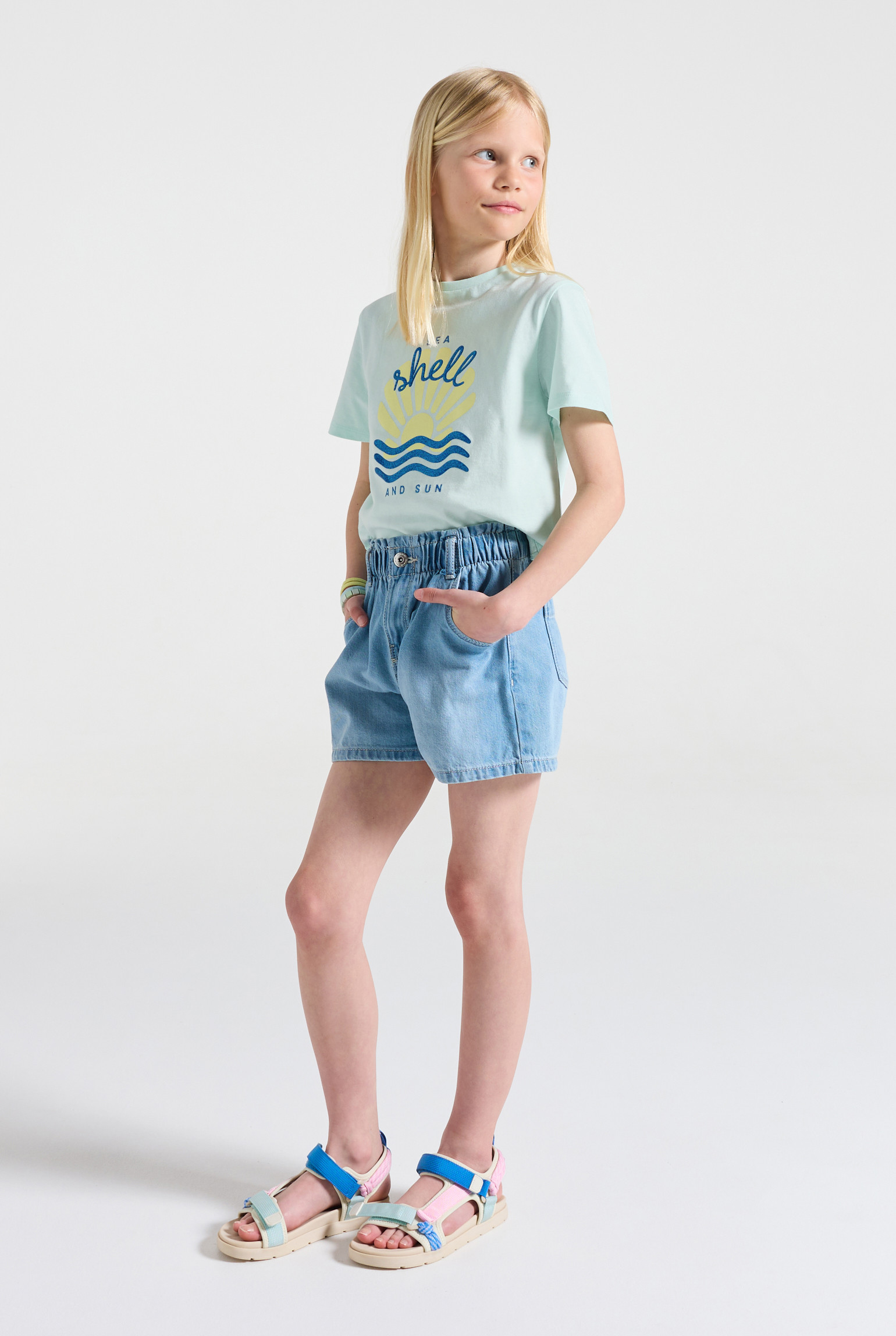 T-shirt blanc à motif manches courtes Fille - Vert aqua