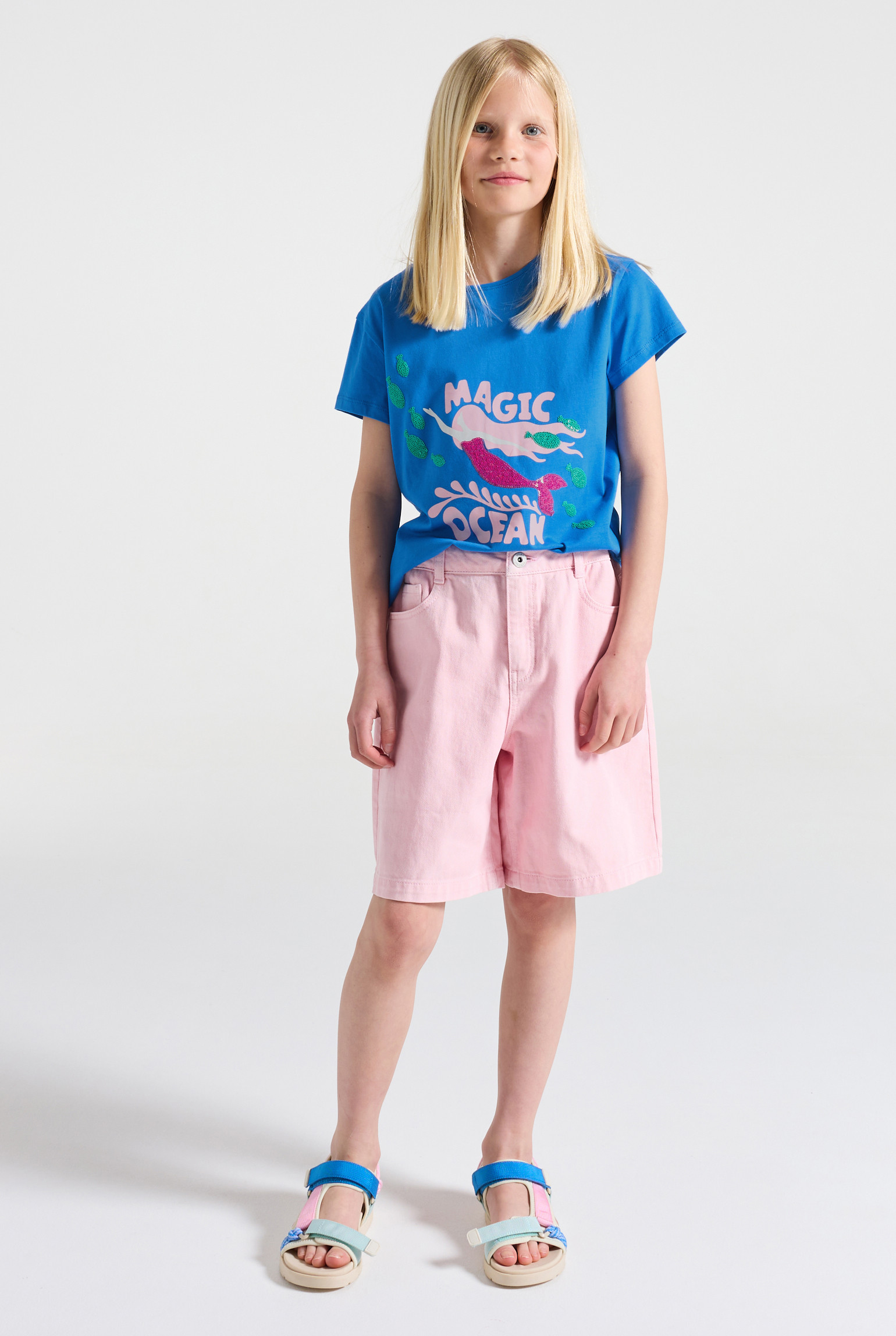 T-shirt sirène rose fille - Bleu pacifique