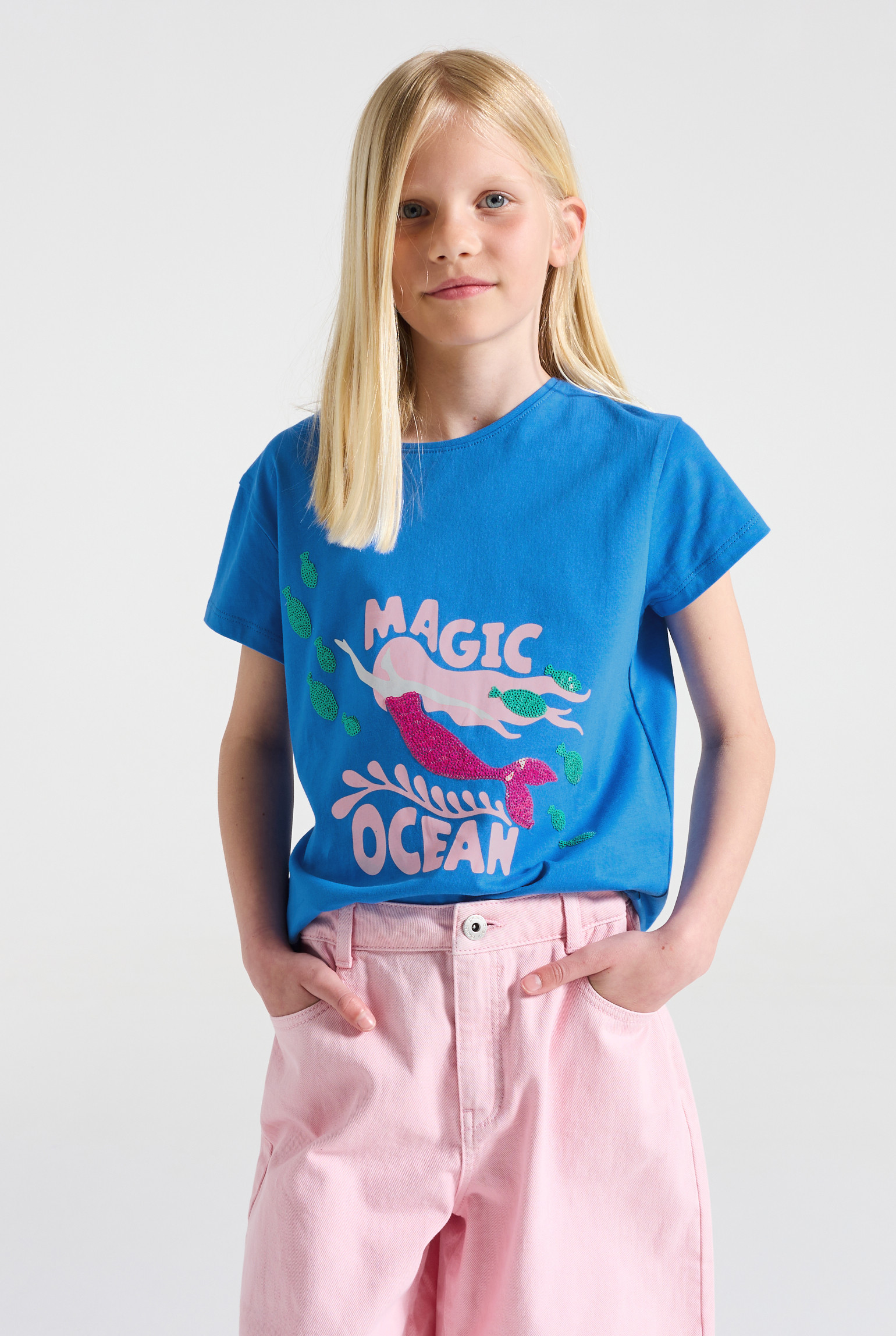 T-shirt sirène rose fille - Bleu pacifique