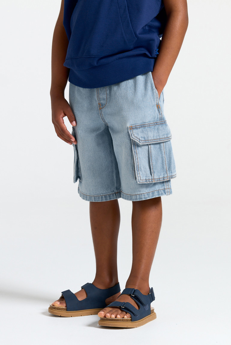 Bermuda cargo denim garçon bleu - Denim Bleached Blue