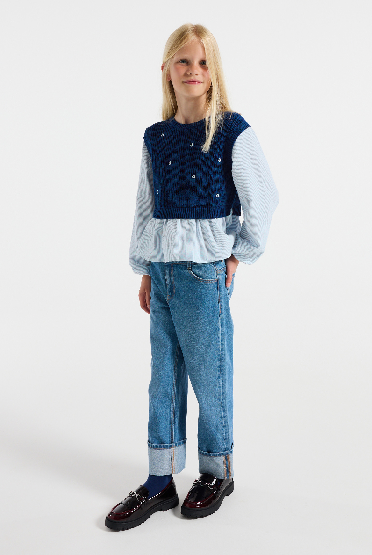 Pull 2-en-1 bleu motif fleurs fille - Bleu lagon