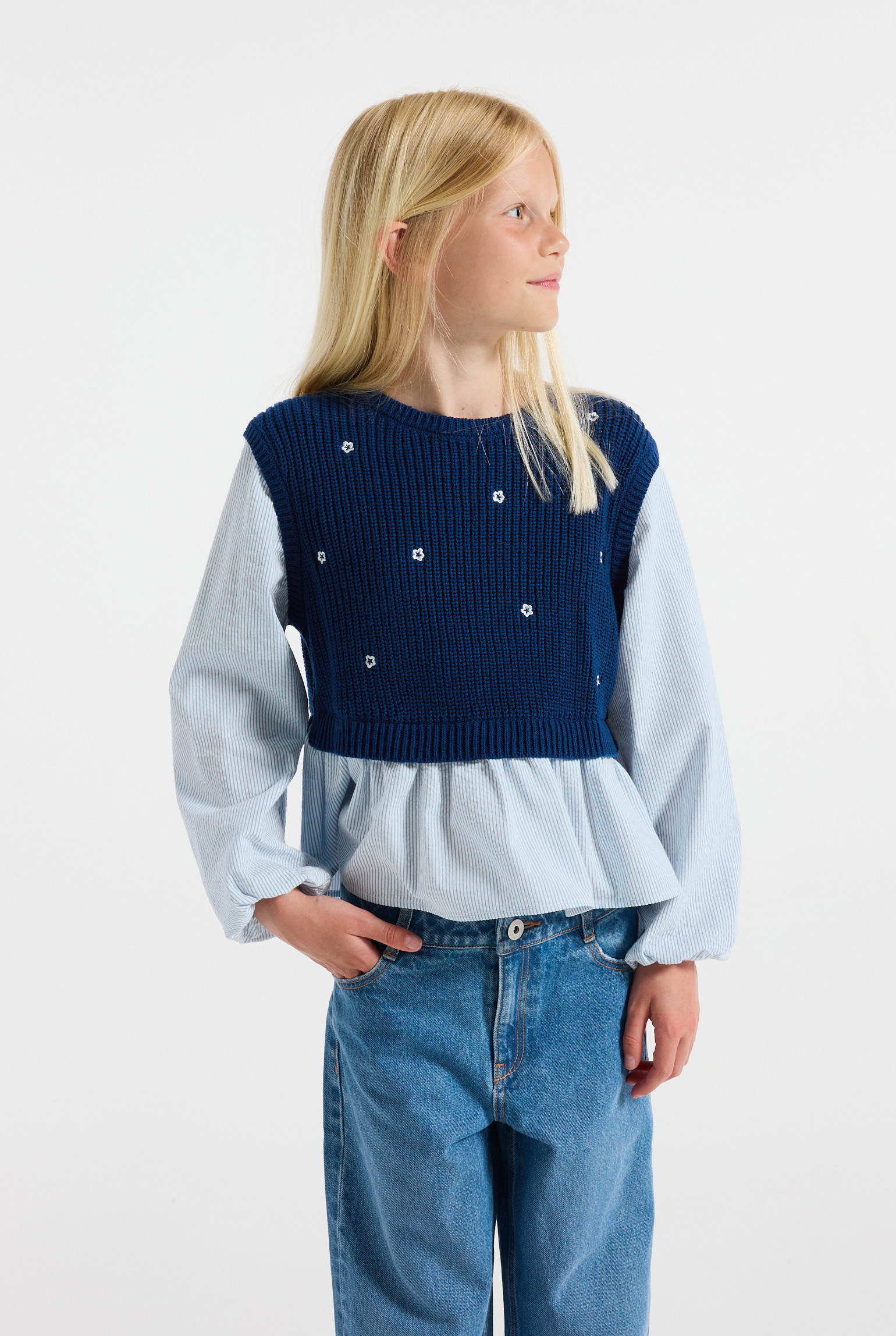 Pull 2-en-1 bleu motif fleurs fille - Bleu lagon