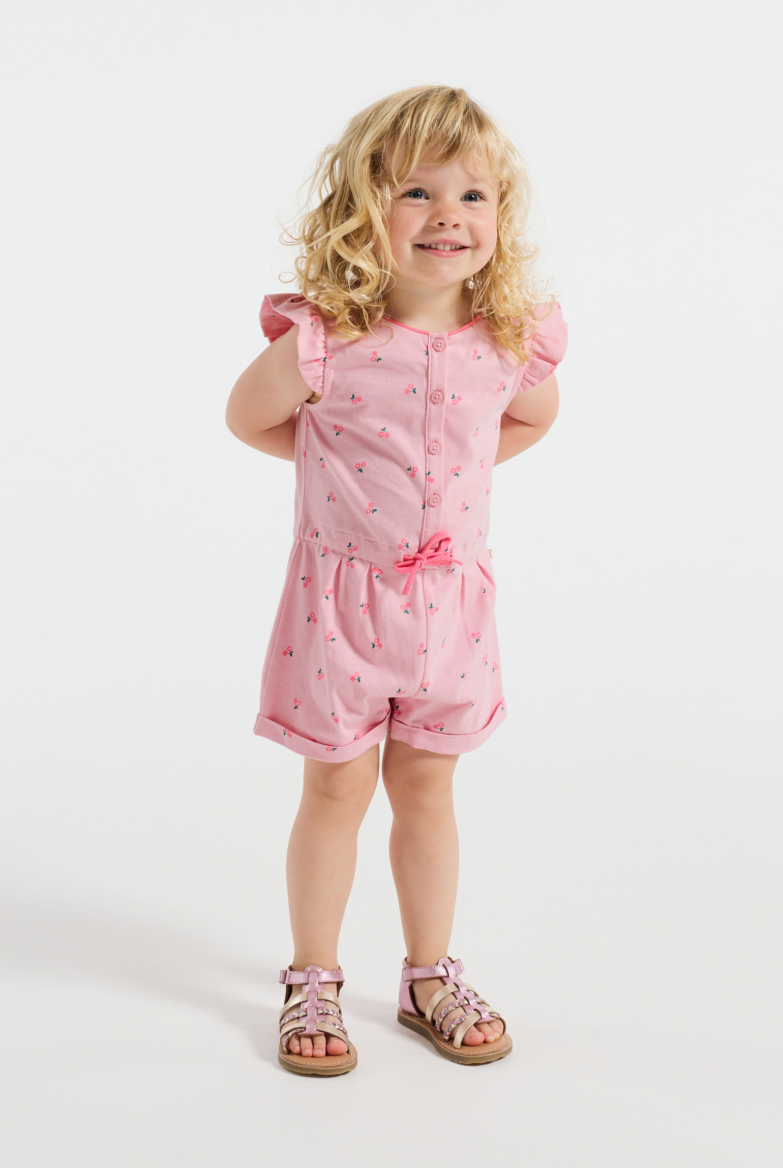 Combishort jaune fleuri fille - Imprimé rose