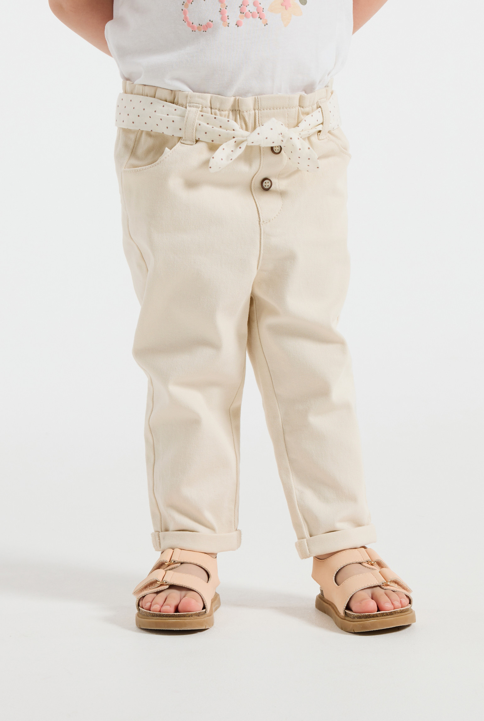 Pantalon taille haute bleu bébé fille - Blanc Farine