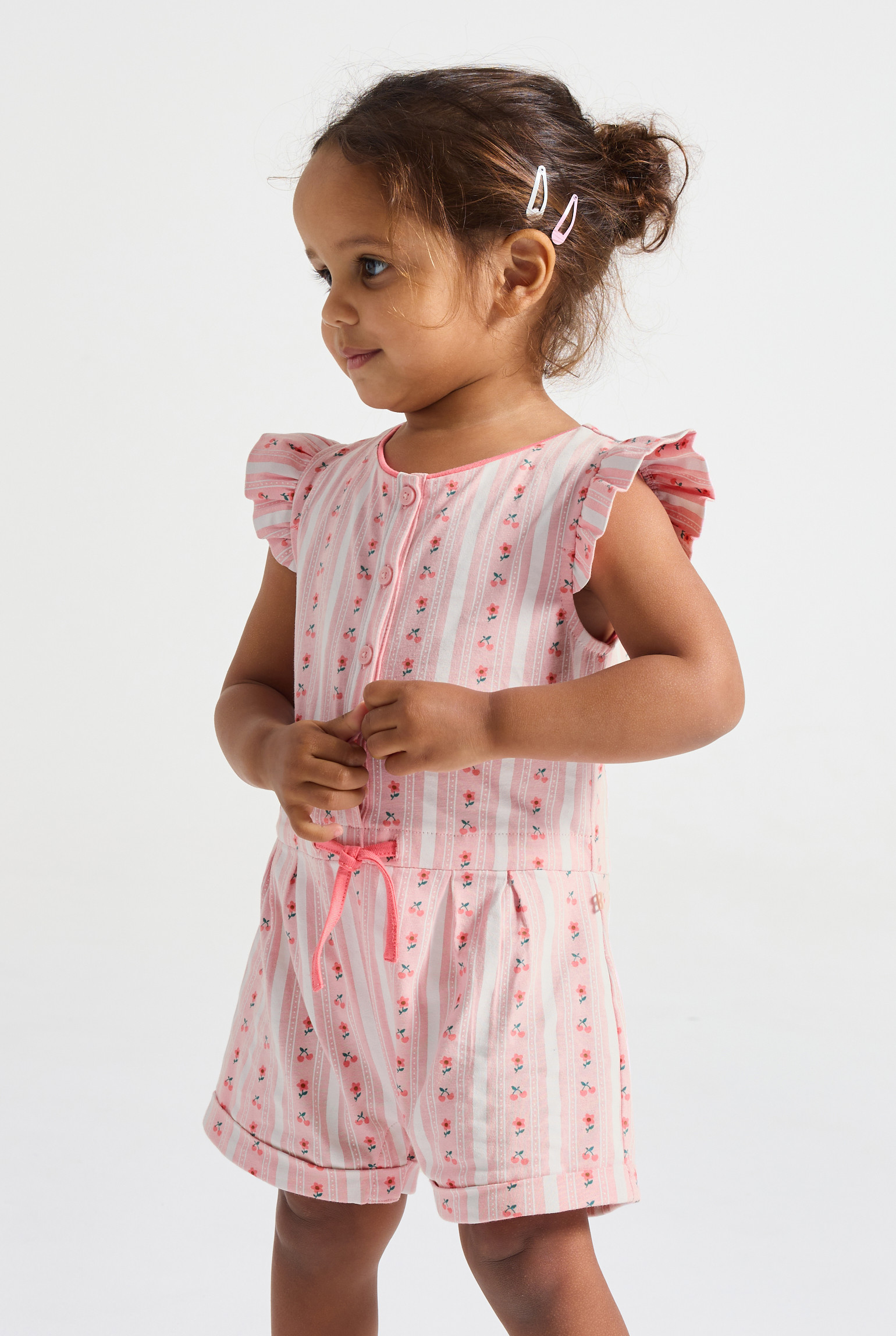 Combishort jaune fleuri fille - Rayures rose
