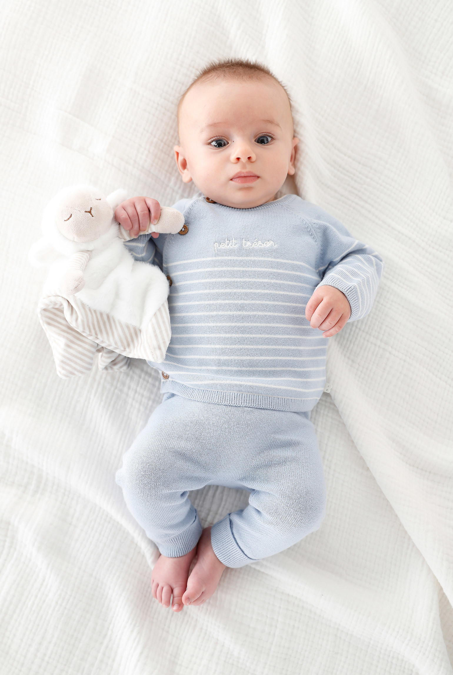 Pull et pantalon maille tricot bleu bébé garçon - Bleu ciel