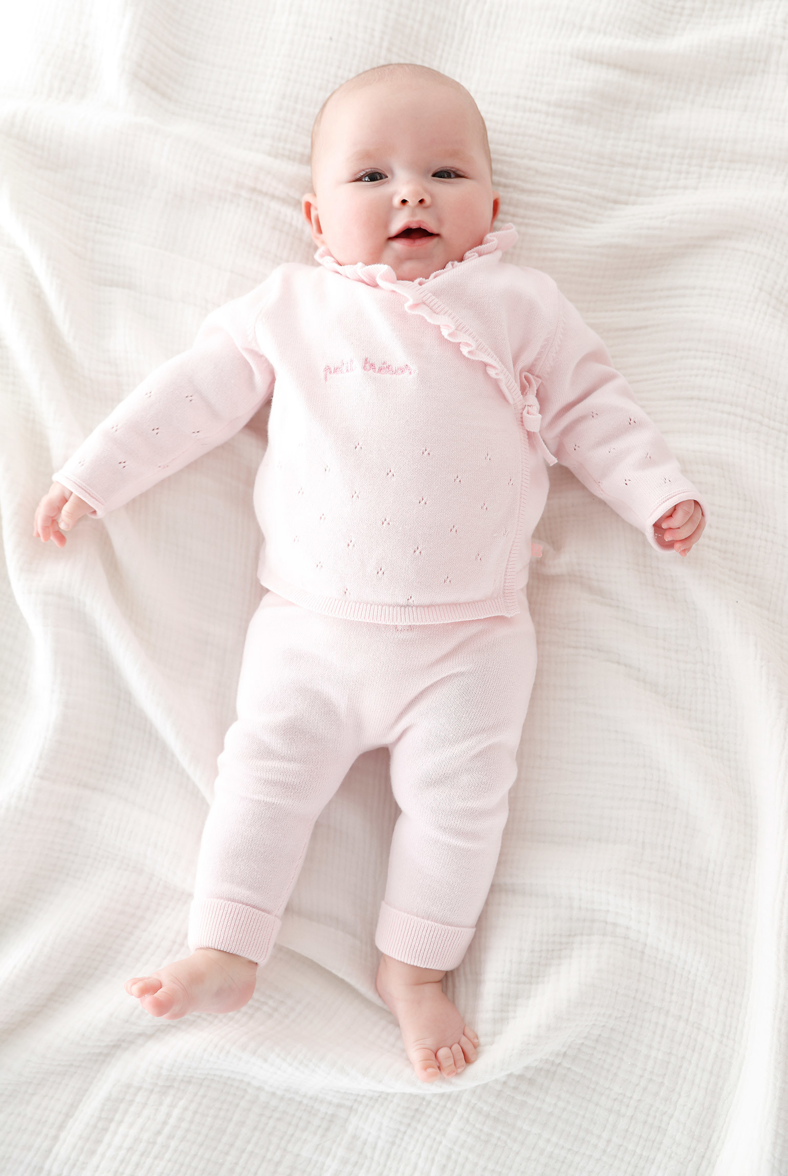 Pull et pantalon maille tricot rose bébé fille - Rose poudre