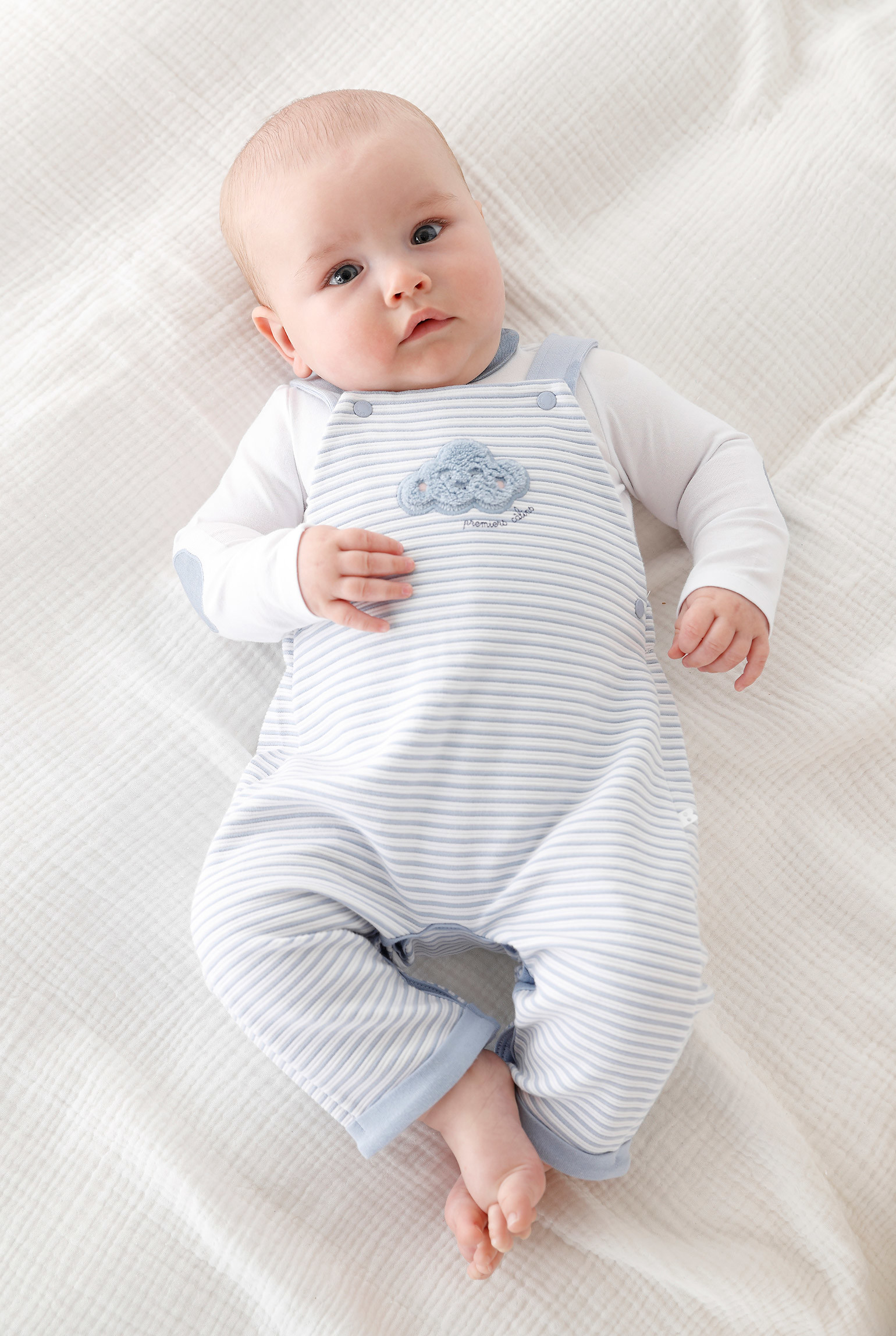 Salopette rayée et body blanc bébé garçon - Bleu ciel