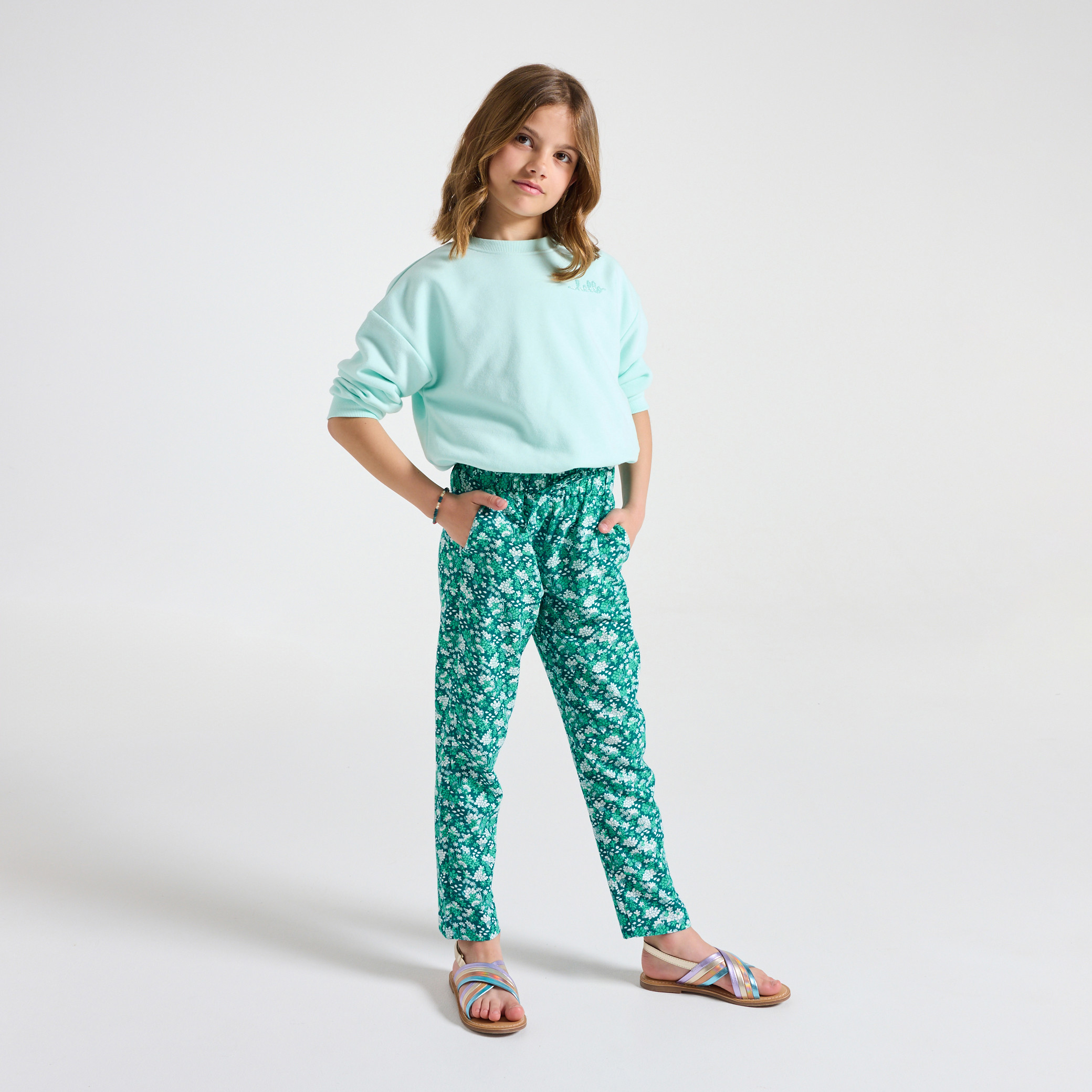 Pantalon fleuri vert fille - Imprimé vert