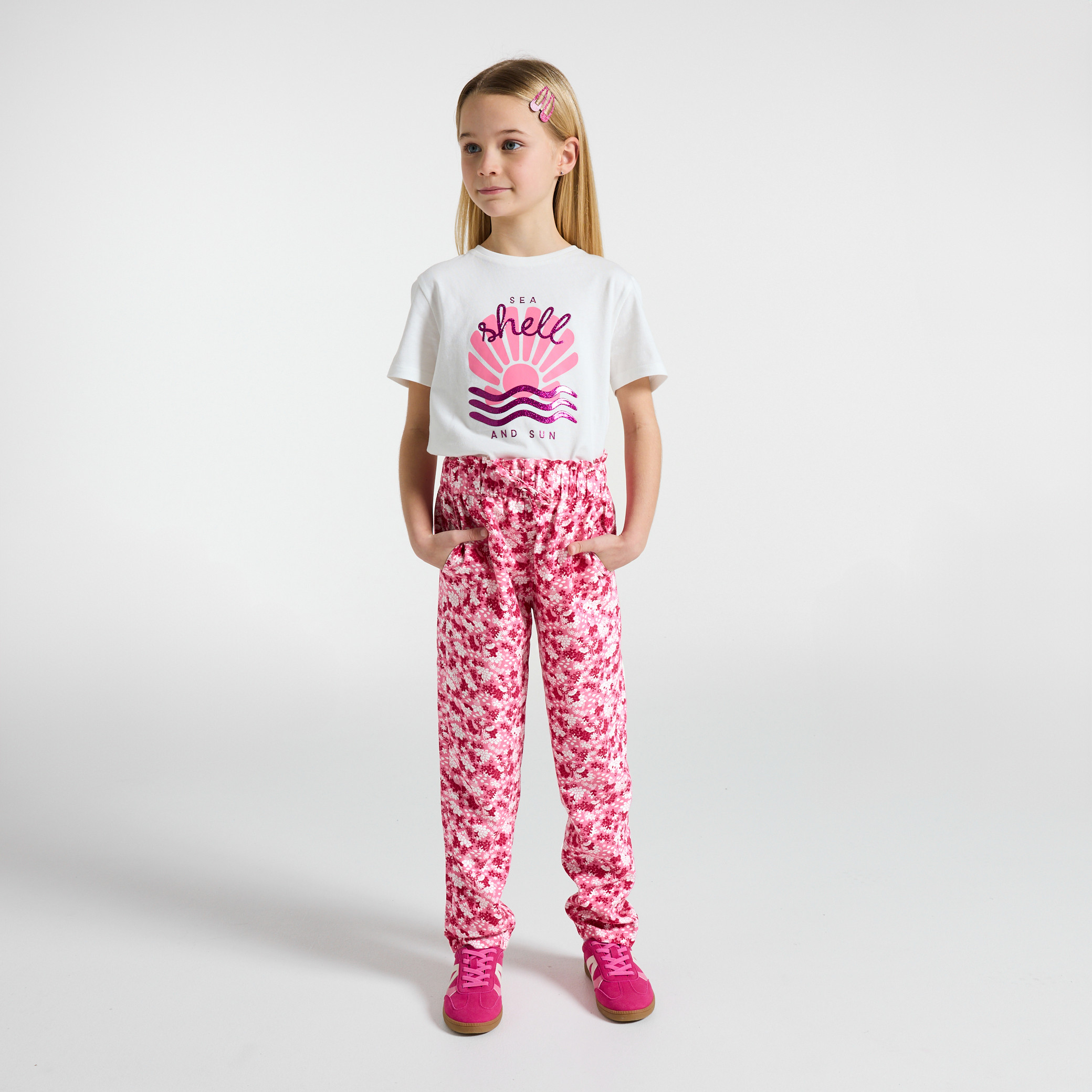 Pantalon fleuri vert fille - Imprimé rose