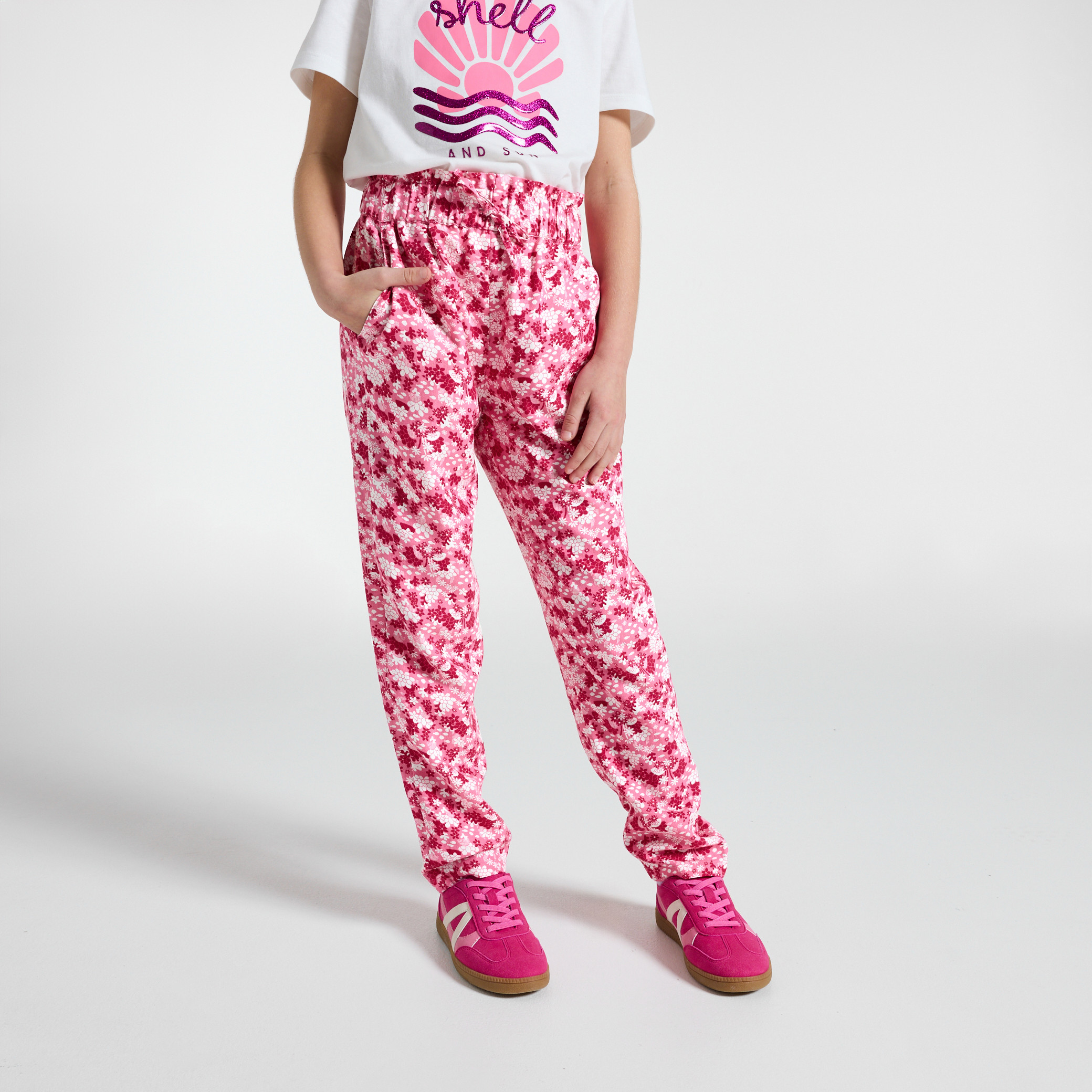 Pantalon fleuri vert fille - Imprimé rose