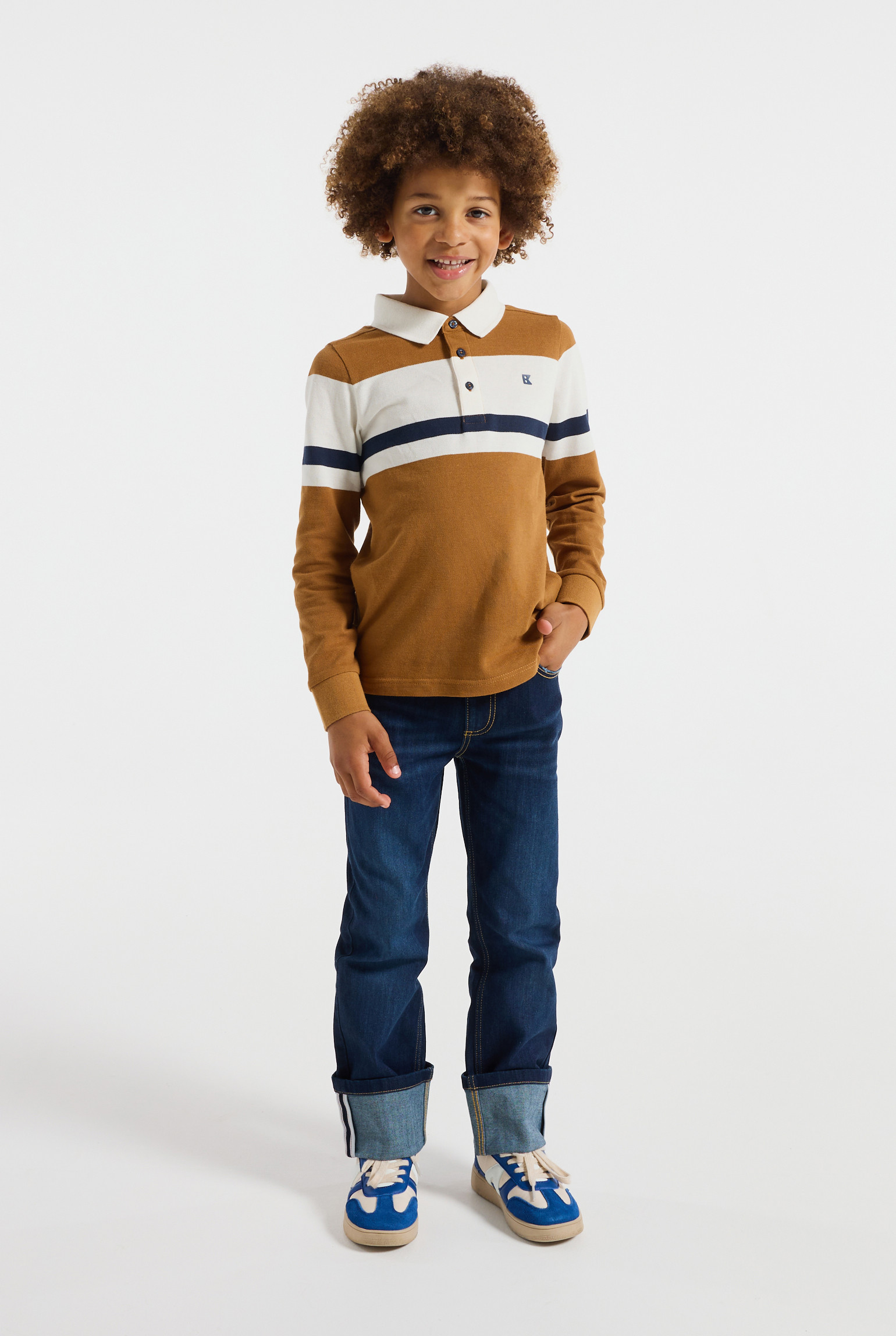 Polo rayé bleu marine garçon - Camel