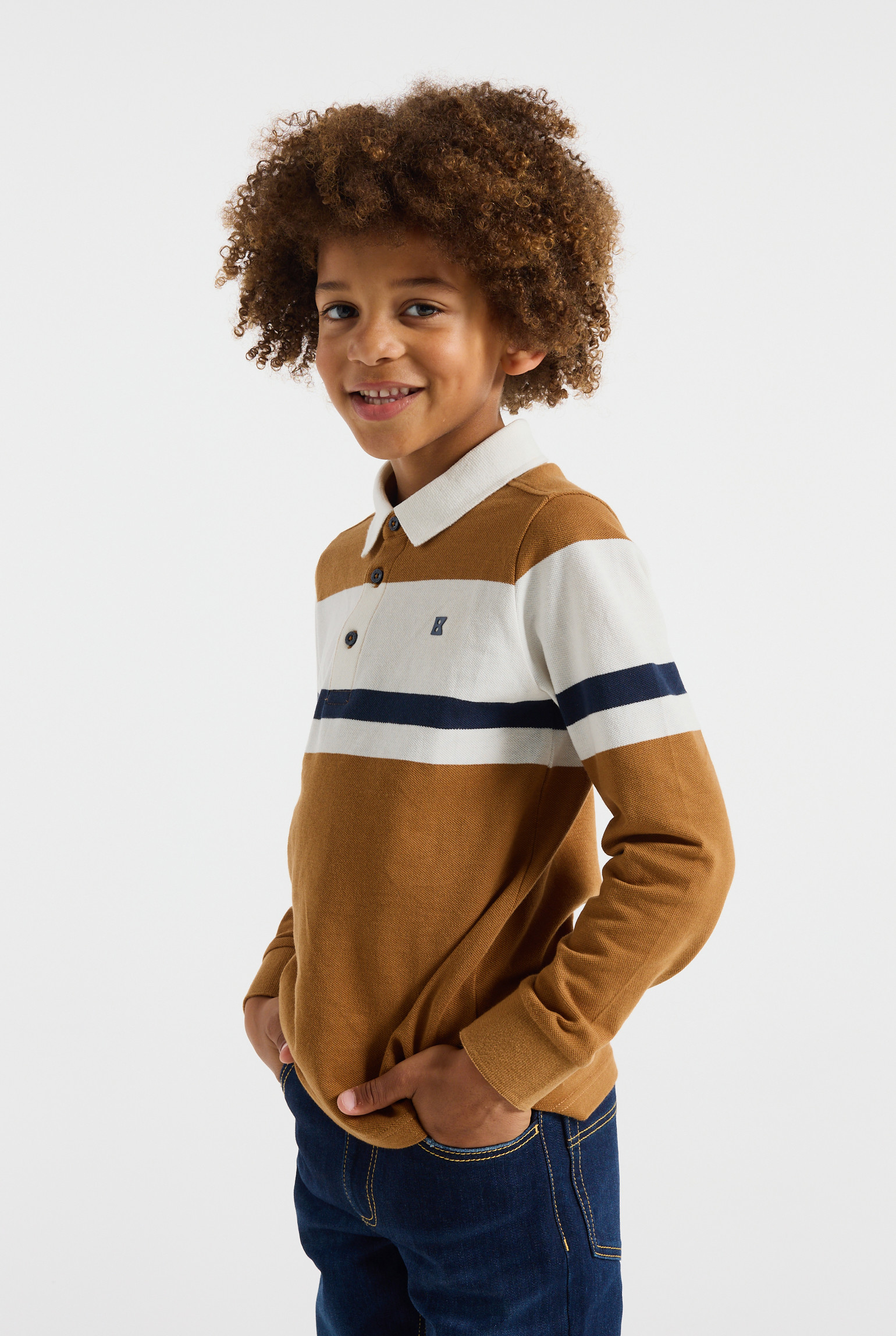 Polo rayé bleu marine garçon - Camel