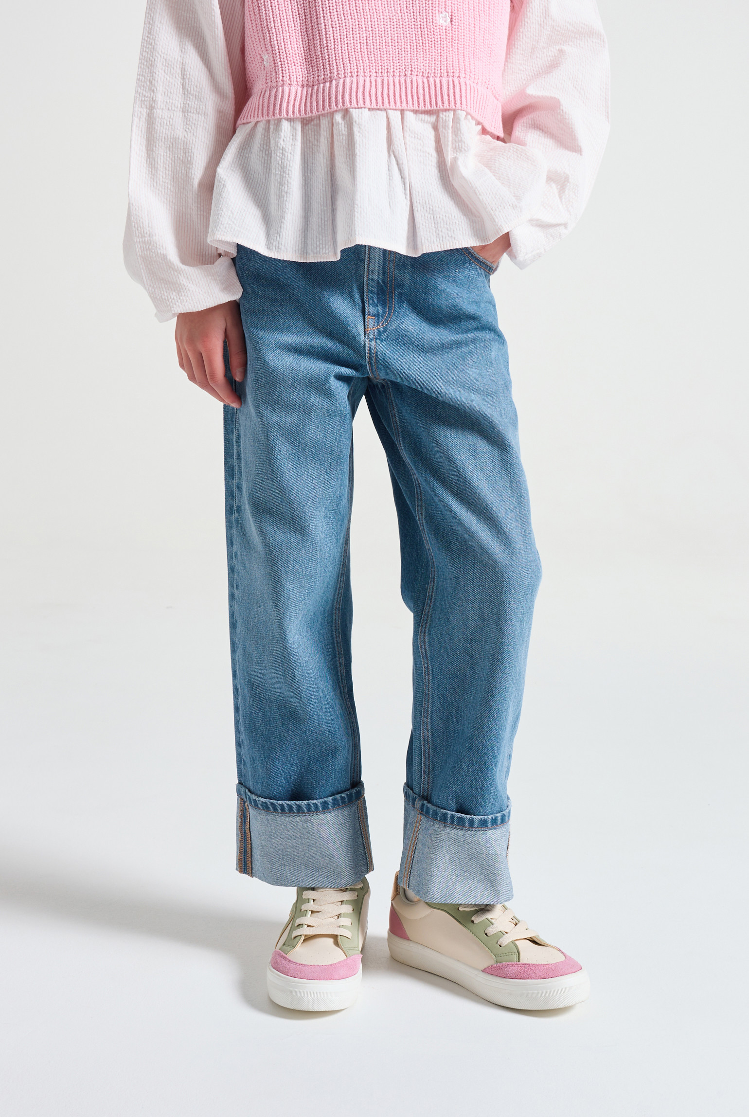 Jean à revers straight bleu foncé fille - Denim bleu stone
