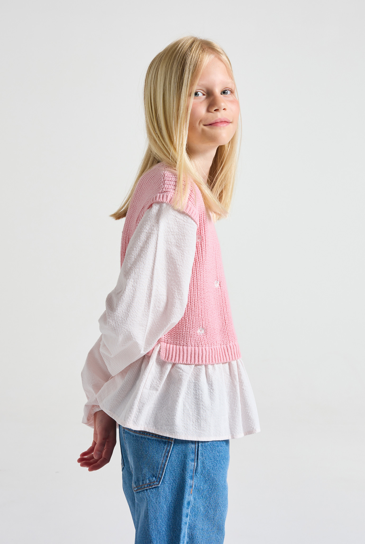 Pull 2-en-1 bleu motif fleurs fille - Rose Colchique