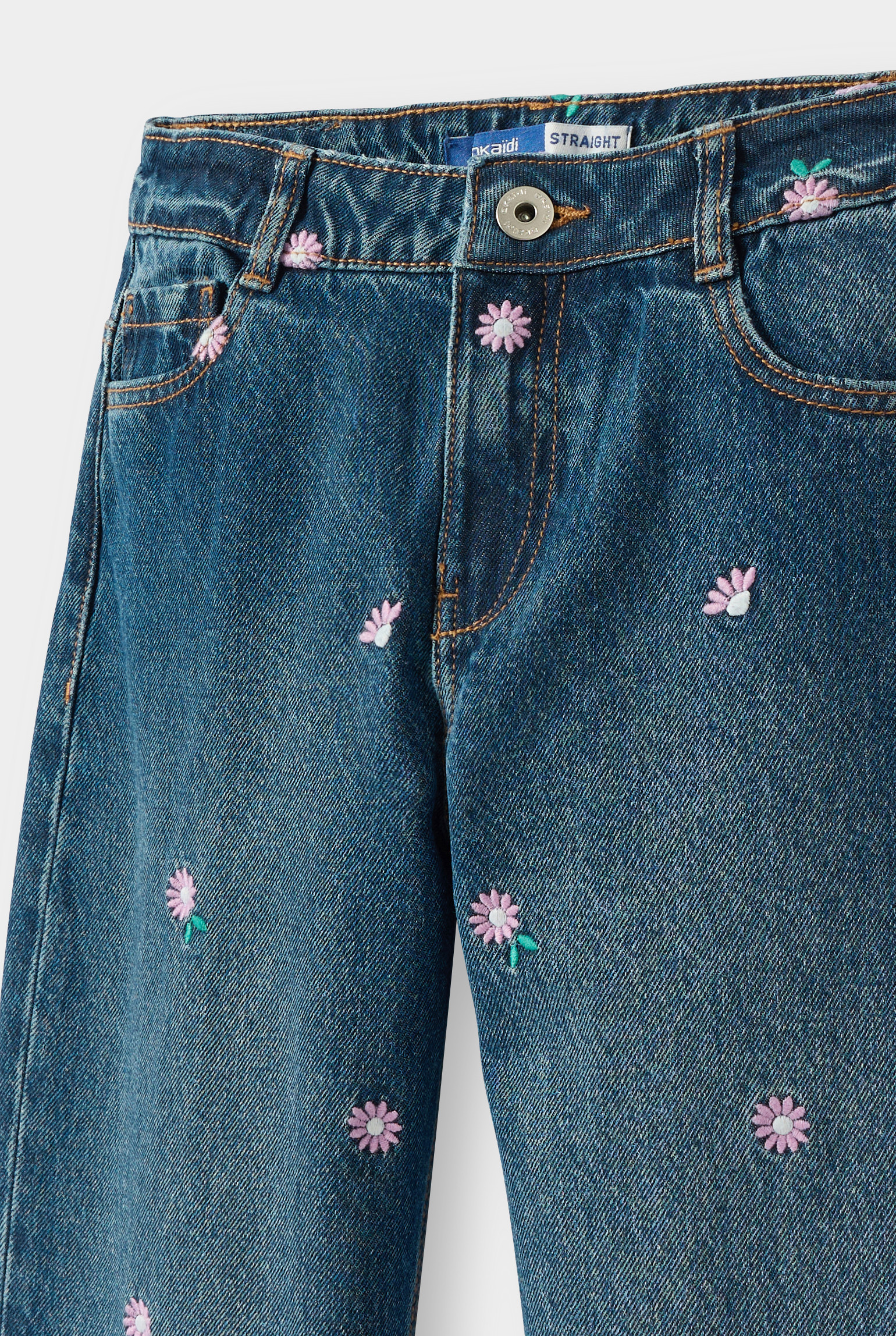 Jean straight brodé bleu fille - Denim bleu stone