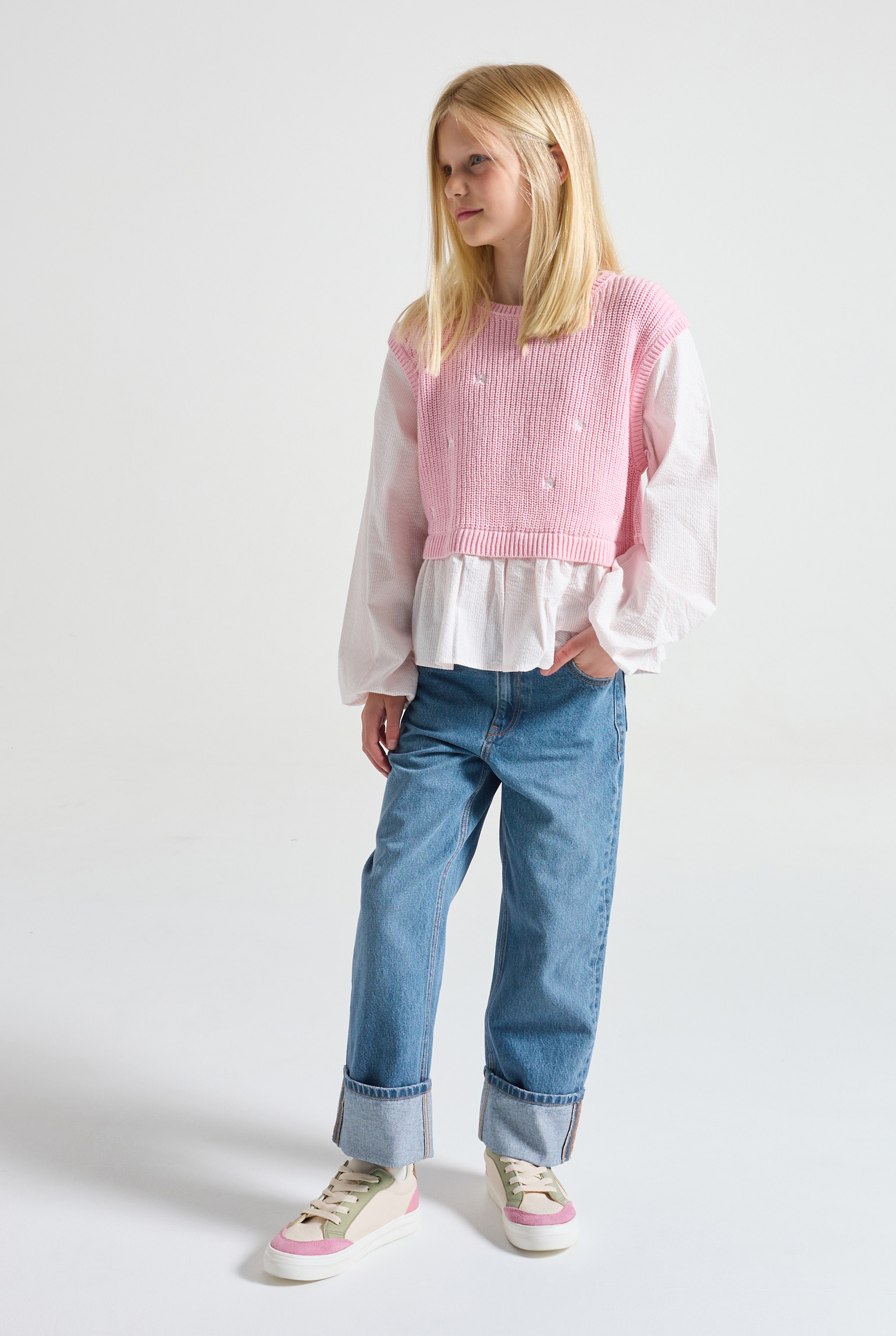 Jean à revers straight bleu foncé fille - Denim bleu stone
