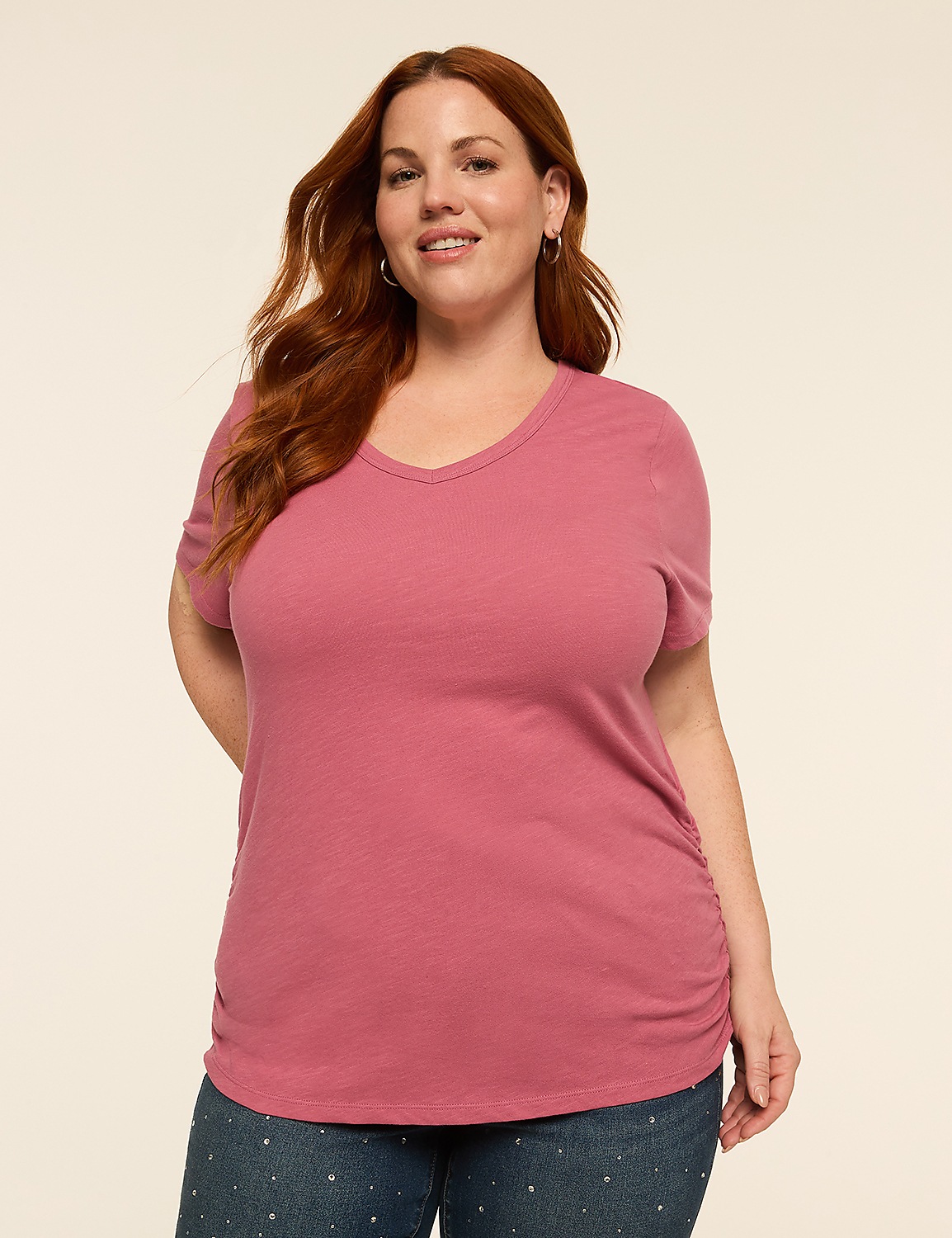 Short-Sleeve V-Neck Side-Ruched Tee Product Image 1