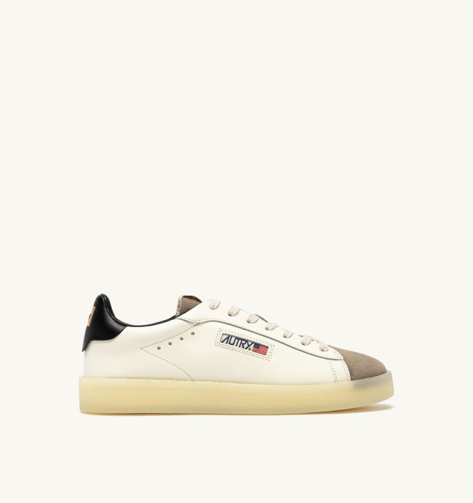DALLAS LOW IN MARSHMALLOW, BLACK AND COBBLESTONE LEATHER AND SUEDE