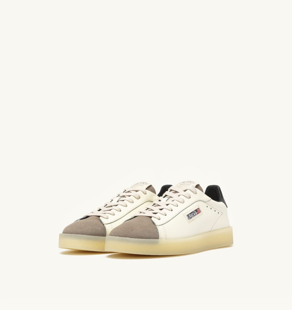 DALLAS LOW IN MARSHMALLOW, BLACK AND COBBLESTONE LEATHER AND SUEDE