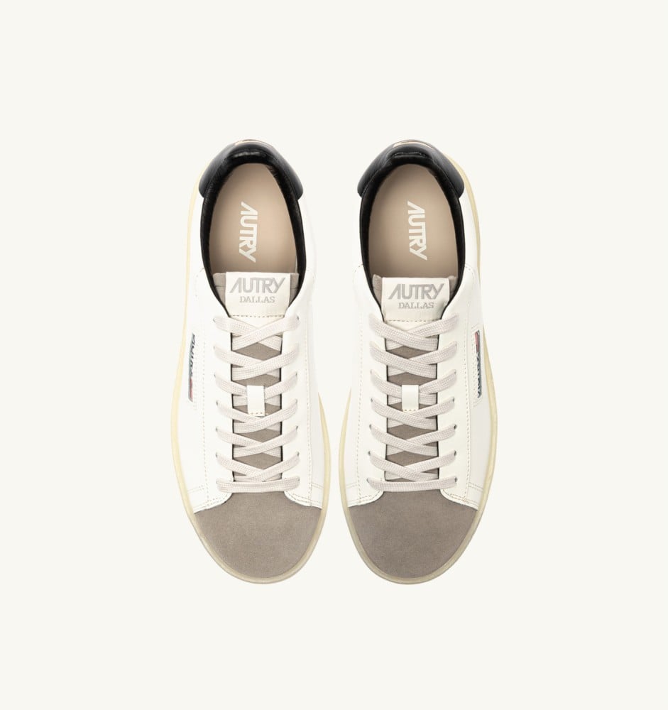 DALLAS LOW IN MARSHMALLOW, BLACK AND COBBLESTONE LEATHER AND SUEDE